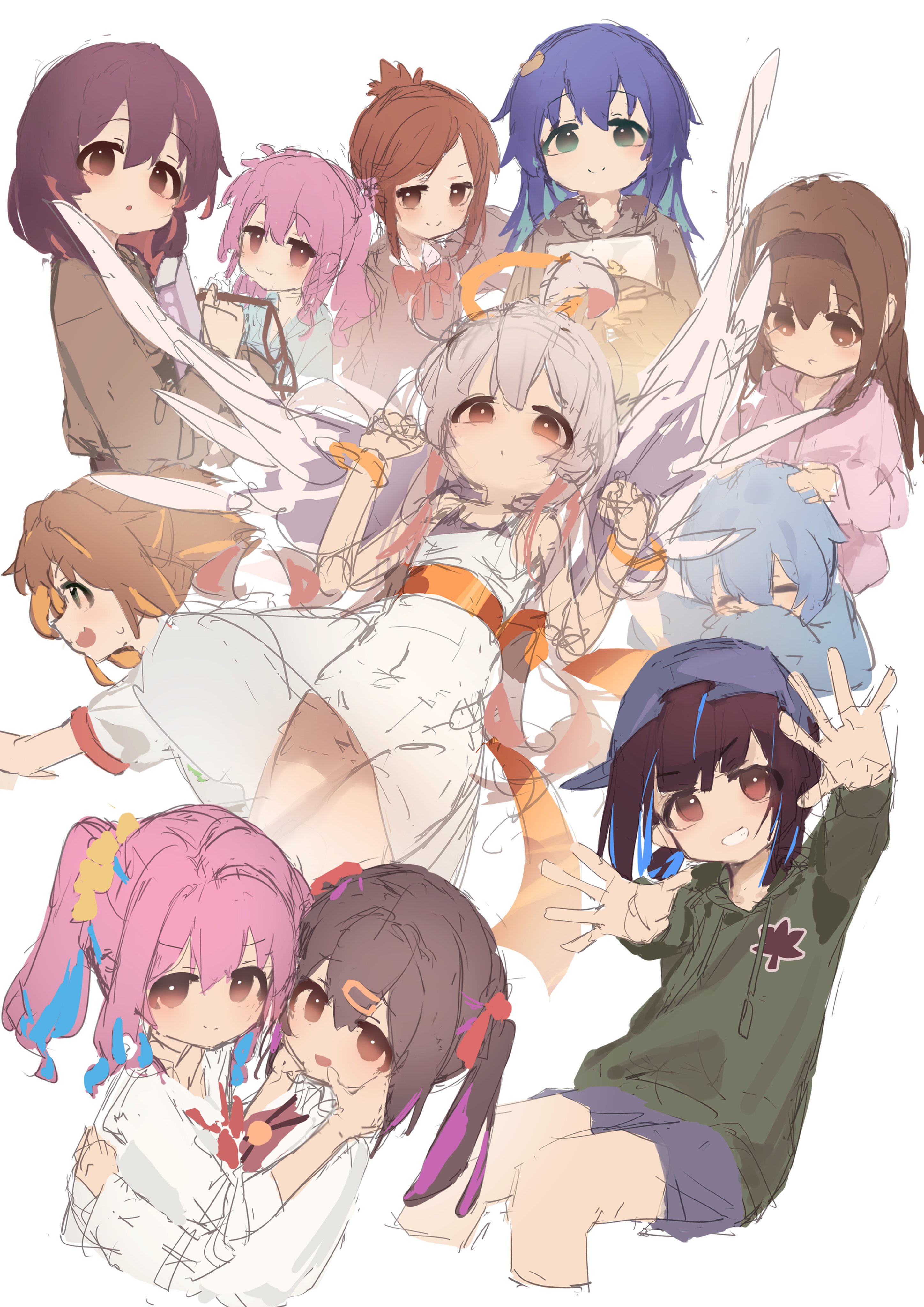 ap04astral, fujimi nemu, fushimi nodoka, hozuki kaede, hozuki momiji, murosaki miyo, nagase miyako, oka asahi, oyama mahiro, oyama mihari, tenkawa nayuta, yasaka mai, onii-chan wa oshimai!, absurdres, commentary, highres, 6+girls, :3, :d, ahoge, angel, angel wings, baseball cap, black hair, black shorts, blue hair, brown eyes, closed eyes, drawstring, dress, fang, glasses, green eyes, grey hair, grin, hair between eyes, hairband, halo, hat, holding, holding removed eyewear, hug, multicolored hair, multiple girls, open mouth, orange hair, pink hair, purple hair, red hair, shirt, shorts, sideways hat, simple background, sketch, sleeping, sleeveless, sleeveless dress, smile, twintails, two-tone hair, unworn eyewear, white background, white dress, white shirt, wings
