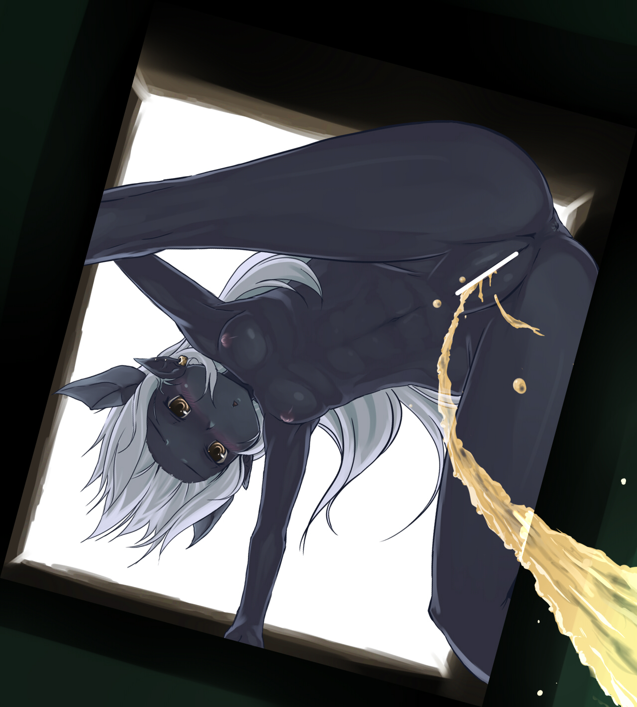aaru (tenrake chaya), original, highres, 1girl, anus, bat wings, black skin, blush, censored, colored skin, dark-skinned female, dark elf, dark skin, earrings, elf, female focus, flat chest, from below, head wings, jewelry, light areolae, long hair, monster girl, nipples, nude, pee, peeing, pointy ears, pussy, solo, spread legs, white hair, wings, yellow eyes