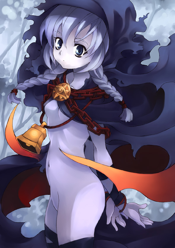 kouno hikaru, curse maker, curse maker 2, atlus, etrian odyssey, bad id, bad pixiv id, bell, bottomless, braid, cape, chain, hood, purple hair, solo, twin braids