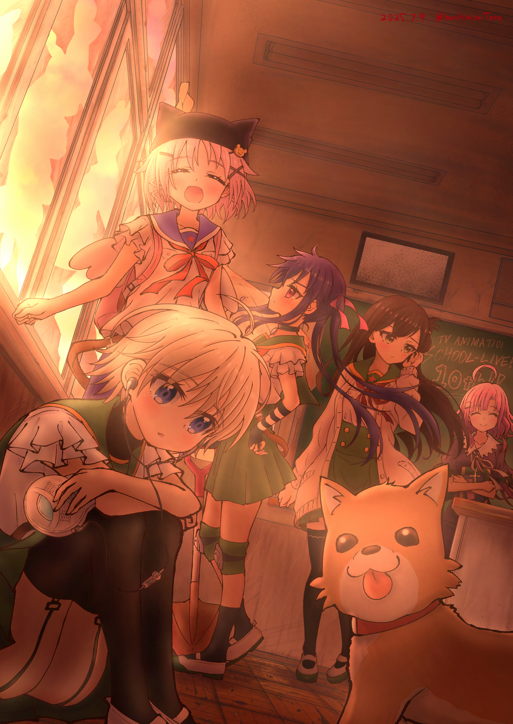 raiodexiasu, ebisuzawa kurumi, naoki miki, sakura megumi, takeya yuki, taroumaru (gakkou gurashi), wakasa yuuri, gakkou gurashi!, absurdres, highres, 5girls, ahoge, animal collar, animal ears, animal hat, black garter straps, black gloves, blue dress, blue eyes, blue sailor collar, broken window, brushing hair, brushing own hair, cardigan, chalkboard, classroom, closed eyes, collar, copyright name, dog, dog ears, dog tail, dress, fingerless gloves, frilled sleeves, frills, garter straps, gloves, green sailor collar, hair ornament, hairclip, hat, holding, holding radio, holding shovel, huge ahoge, looking at viewer, looking outside, megurigaoka high school uniform, multiple girls, open cardigan, open clothes, open mouth, pink hair, pleated skirt, purple eyes, purple hair, sailor collar, school uniform, shirt, short hair, short sleeves, shovel, skirt, sunset, tail, tongue, tongue out, twintails, white hair, white shirt