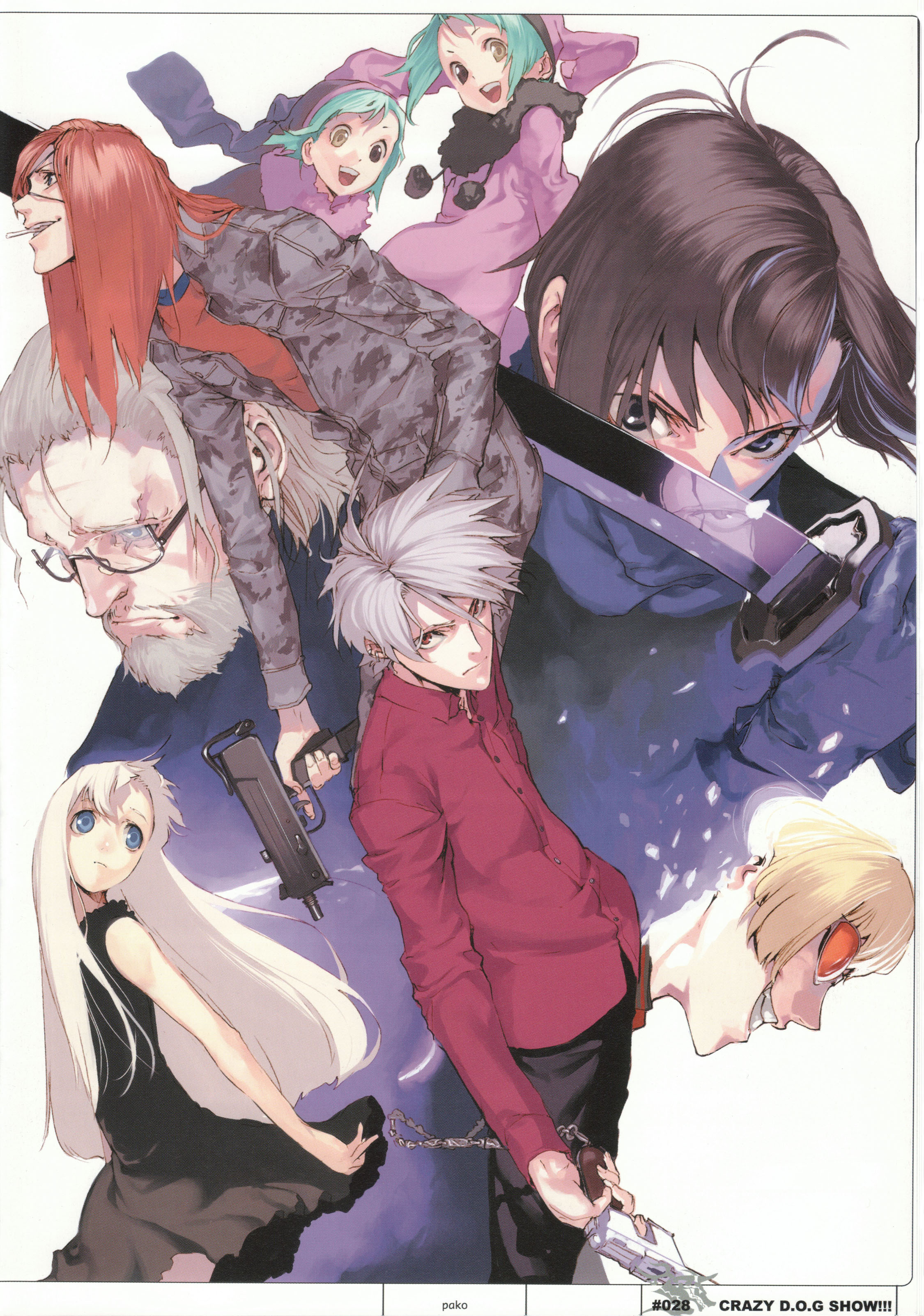 pako (pakosun), badou nails, fuyumine naoto, giovanni, giovanni (dogs), haine rammsteiner, luki, mihai mihaeroff, nill, noki, dogs: bullets & carnage, absurdres, highres, scan, 4boys, 4girls, holding, holding sword, holding weapon, multiple boys, multiple girls, sword, weapon