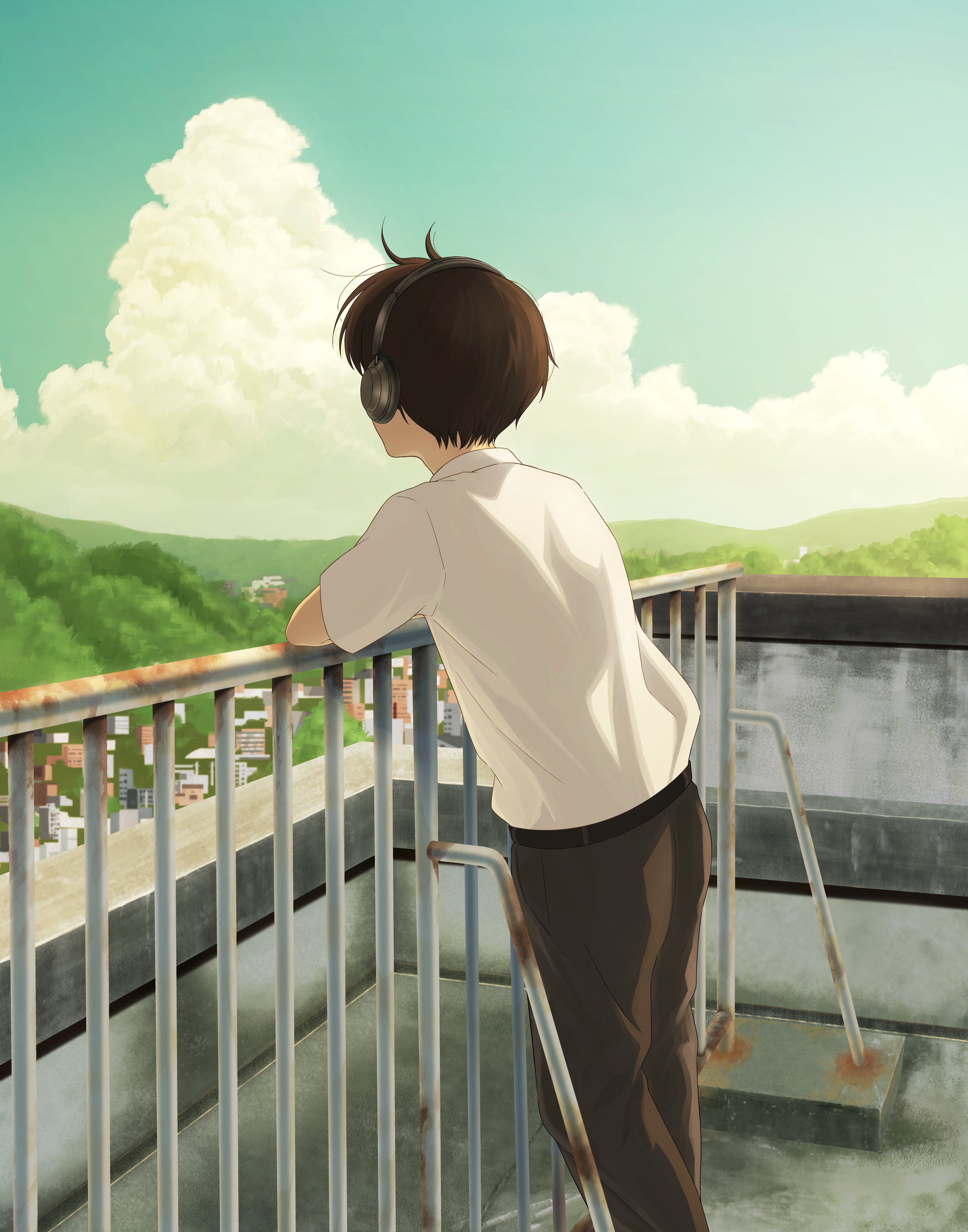 46 crt, original, absurdres, commentary request, highres, 1boy, against railing, belt, black hair, brown pants, cloud, day, feet out of frame, from behind, green sky, headphones, male focus, on rooftop, outdoors, pants, railing, shirt, shirt tucked in, short hair, short sleeves, sky, solo, standing, very short hair, white shirt