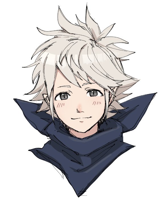 yuki12046, male kana (fire emblem), fire emblem, fire emblem fates, nintendo, 1boy, bandana, bandana around neck, blue bandana, grey hair, grey shirt, looking at viewer, male focus, pointy ears, shirt, smile, solo