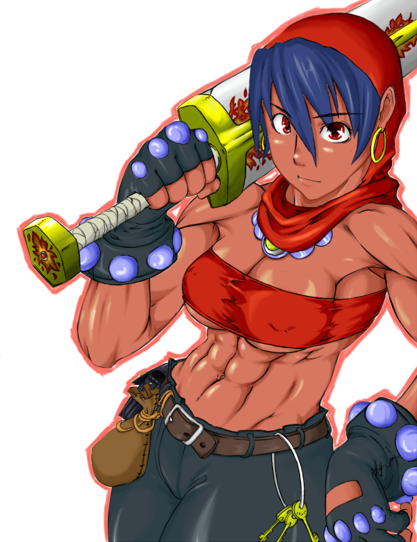 mawarimiti, moriah (chronicles of mystara), dungeons & dragons: chronicles of mystara, 1girl, abs, blue hair, breasts, cleavage, dark-skinned female, dark skin, earrings, female focus, fingerless gloves, gloves, hood, hoop earrings, jewelry, key, large breasts, looking at viewer, muscular, muscular female, over shoulder, red eyes, solo, strapless, sword, sword over shoulder, tube top, underboob, weapon, weapon over shoulder