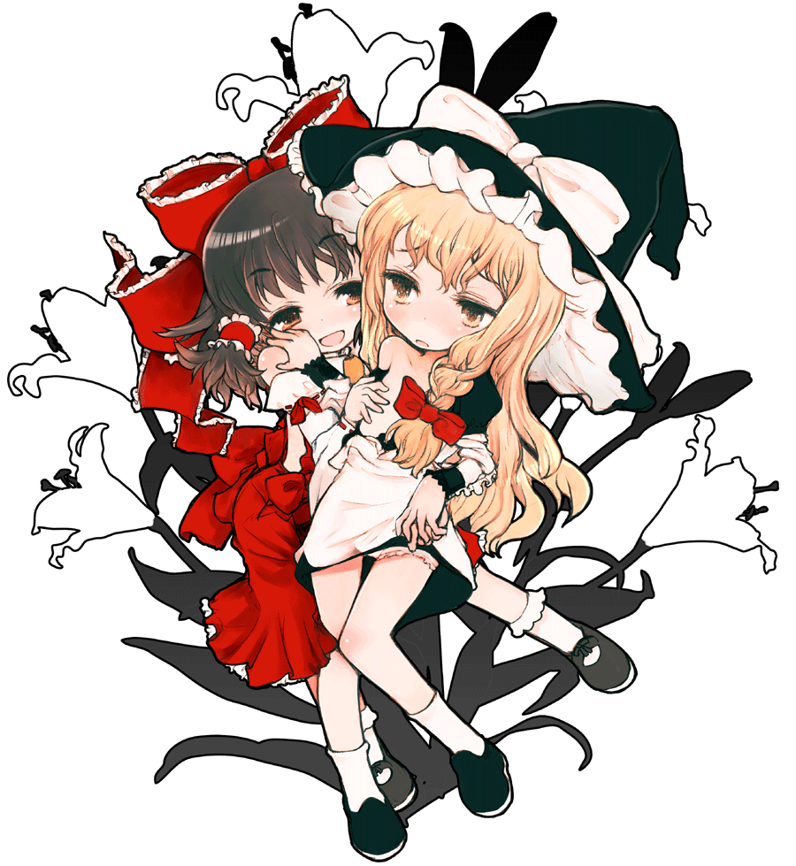 okome (ricecandy), ricecandy, hakurei reimu, kirisame marisa, touhou, 2girls, blonde hair, breasts, brown hair, detached sleeves, female focus, flat chest, flower, grabbing another's breast, groping, hat, japanese clothes, lily (flower), long hair, miko, multiple girls, small breasts, transparent background, witch hat, yuri
