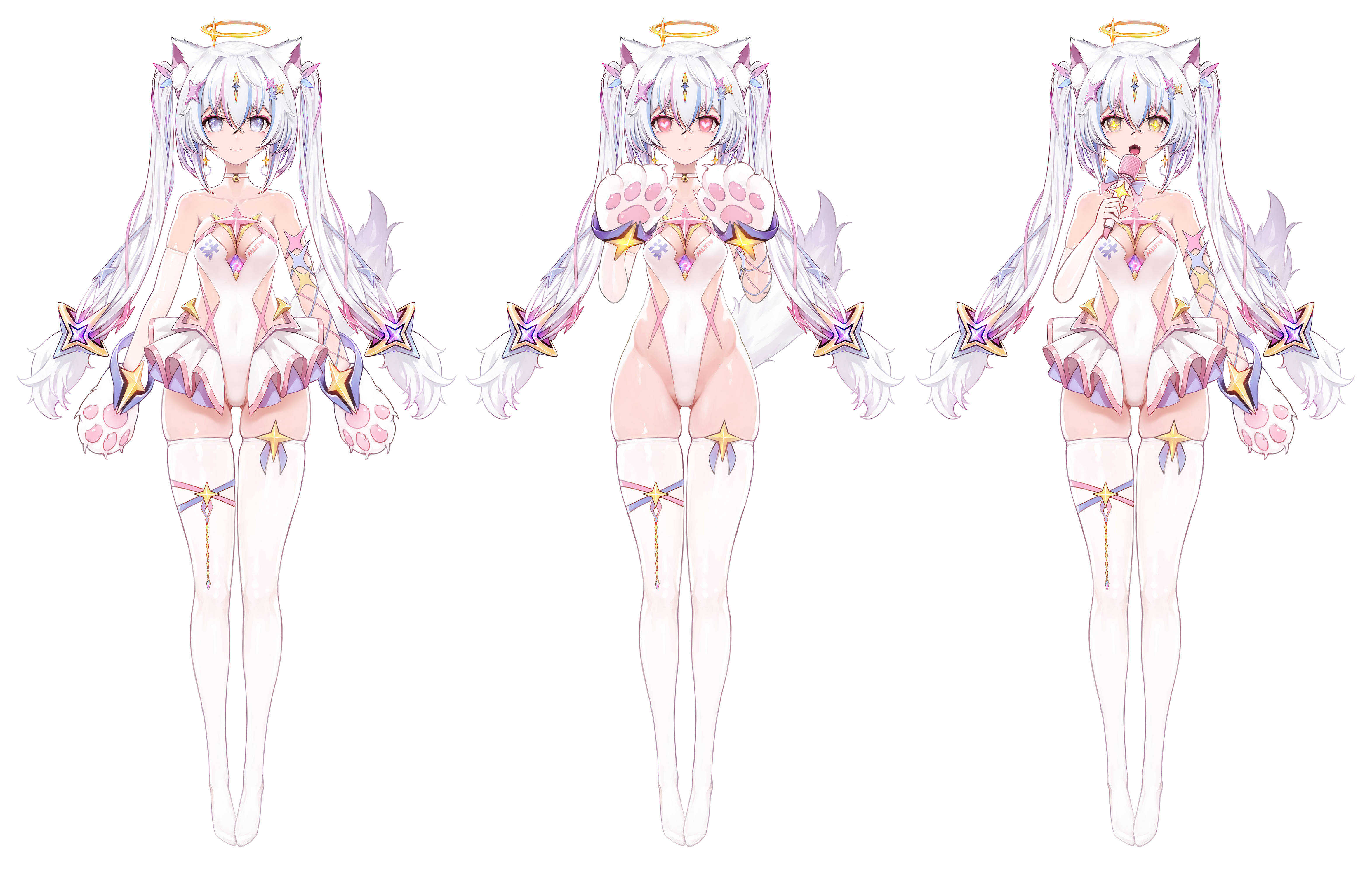 zhuore zhi hen, indie virtual youtuber, absurdres, highres, + +, 1girl, animal ear fluff, animal ears, animal hands, asymmetrical gloves, blue hair, breasts, cat ears, cat girl, cat tail, cleavage, elbow gloves, gloves, grey eyes, halo, heart, heart-shaped pupils, highleg, highleg leotard, holding, holding microphone, leotard, medium breasts, microphone, mismatched gloves, multicolored hair, multiple views, official artist extra, open mouth, paw gloves, pink eyes, pink hair, skindentation, strapless, strapless leotard, streaked hair, symbol-shaped pupils, tail, thighhighs, twintails, virtual youtuber, white background, white hair, white thighhighs, yellow eyes
