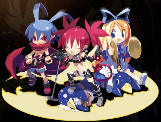 harada takehito, etna (disgaea), flonne, laharl, prinny, disgaea, nippon ichi, official art, 1boy, 2girls, angel, blonde hair, blue eyes, blue hair, bow, cape, cymbals, demon, demon girl, earrings, elbow gloves, gloves, guitar, instrument, jewelry, microphone, multiple girls, music, red eyes, red hair, red shorts, shorts, singing, skull, spotlight, tail, thighhighs, wings