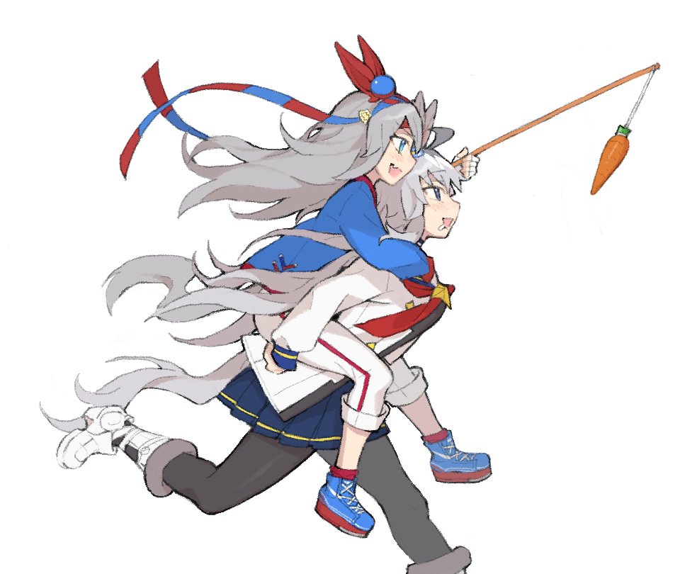 oguri cap (starlight beat) (umamusume), oguri cap (umamusume), tamamo cross (umamusume), tamamo cross (with lightning speed) (umamusume), umamusume, umamusume: cinderella gray, 2girls, ahoge, animal ears, arms around neck, bait, blue eyes, blue hairband, blue jacket, blue sailor collar, blue skirt, blush, brooch, carrot, carrot on stick, carrying, carrying person, commonmae, drooling, ear covers, ear ornament, fang, fingerless gloves, fishing rod, gloves, grey hair, grey tail, hair between eyes, hair ornament, hairband, hanging food, headband, holding, holding stick, horse ears, horse girl, horse tail, jacket, jewelry, long hair, long sleeves, multicolored hair, multiple girls, neckerchief, open mouth, pants, pantyhose, piggyback, pleated skirt, red headband, red neckerchief, sailor collar, saliva, shirt, shoes, simple background, skirt, smile, star brooch, stick, striped clothes, striped hairband, tail, very long hair, white background, white jacket, white pants, white shirt