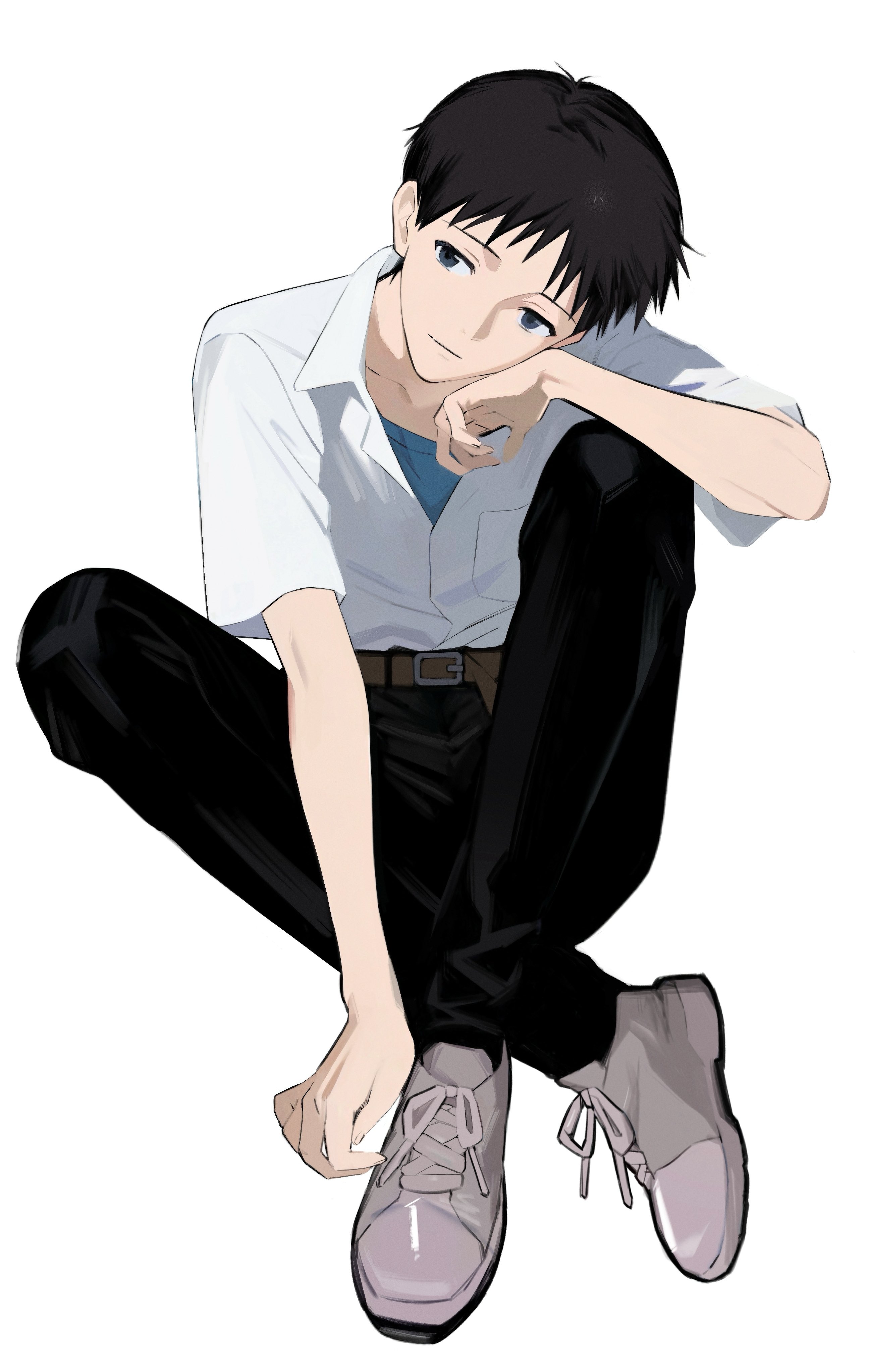 seeuagain5353, ikari shinji, neon genesis evangelion, absurdres, commentary request, highres, 1boy, belt, black hair, black pants, blue eyes, blue shirt, brown belt, closed mouth, collared shirt, full body, male focus, pants, shirt, shirt tucked in, short hair, simple background, solo, white background, white shirt