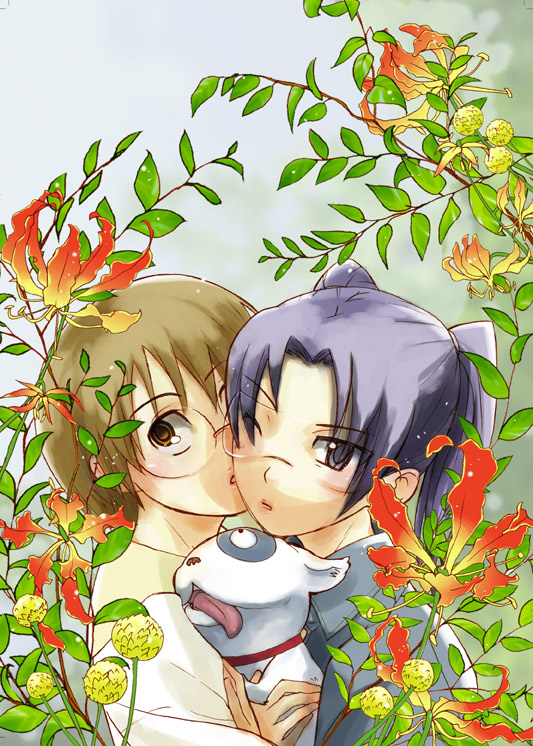 amasawa yuuko, densuke (dennou coil), okonogi yuuko, dennou coil, 00s, black hair, blue eyes, blush, brown eyes, brown hair, flower, glasses, jacket, kiss, short hair, twintails