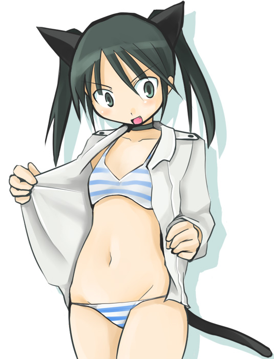 tanaka rikimaru, francesca lucchini, strike witches, world witches series, bad id, bad pixiv id, 00s, 1girl, animal ears, black hair, cat ears, cat tail, fang, female focus, flat chest, navel, open mouth, panties, solo, striped clothes, striped panties, tail, underwear