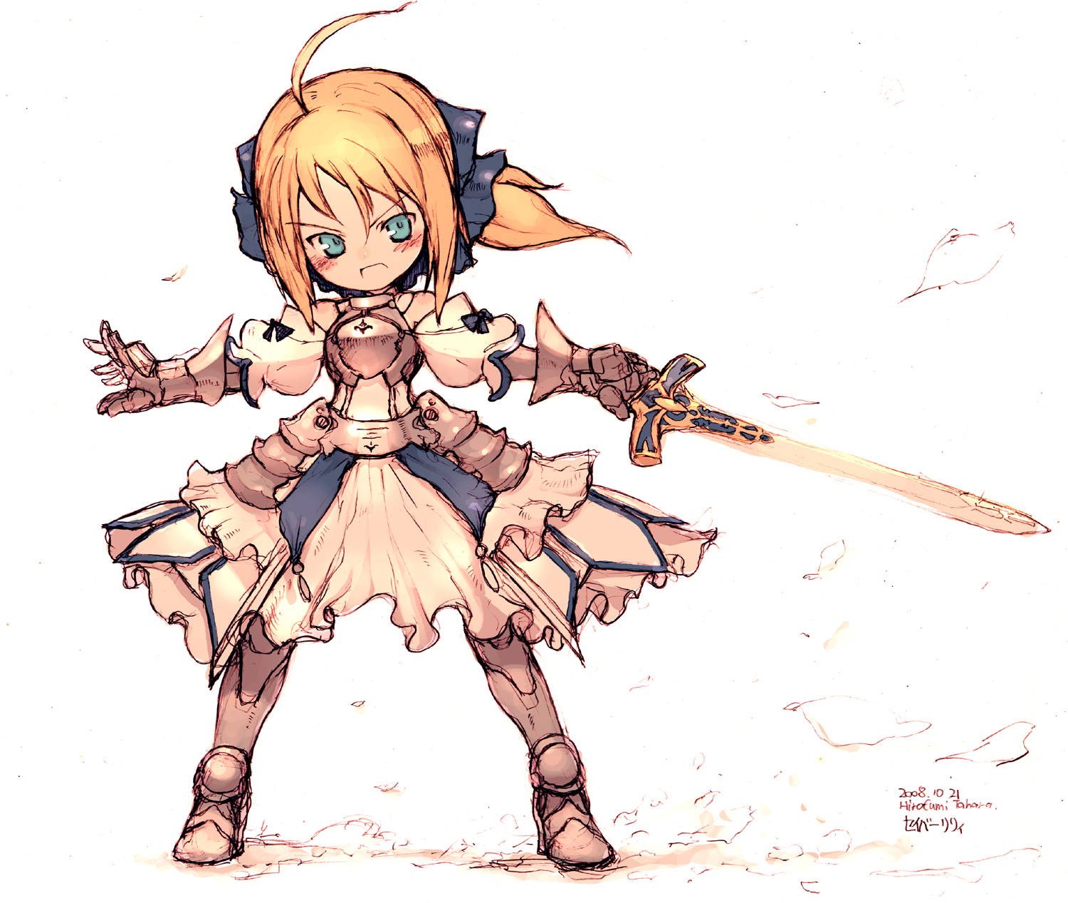 rondo bell, artoria pendragon (fate), saber (fate), saber lily, capcom, fate/stay night, fate/unlimited codes, fate (series), bad id, bad pixiv id, highres, 00s, 1girl, ahoge, armor, armored dress, blonde hair, blue eyes, blush, chibi, dress, female focus, sketch, solo, sword, weapon