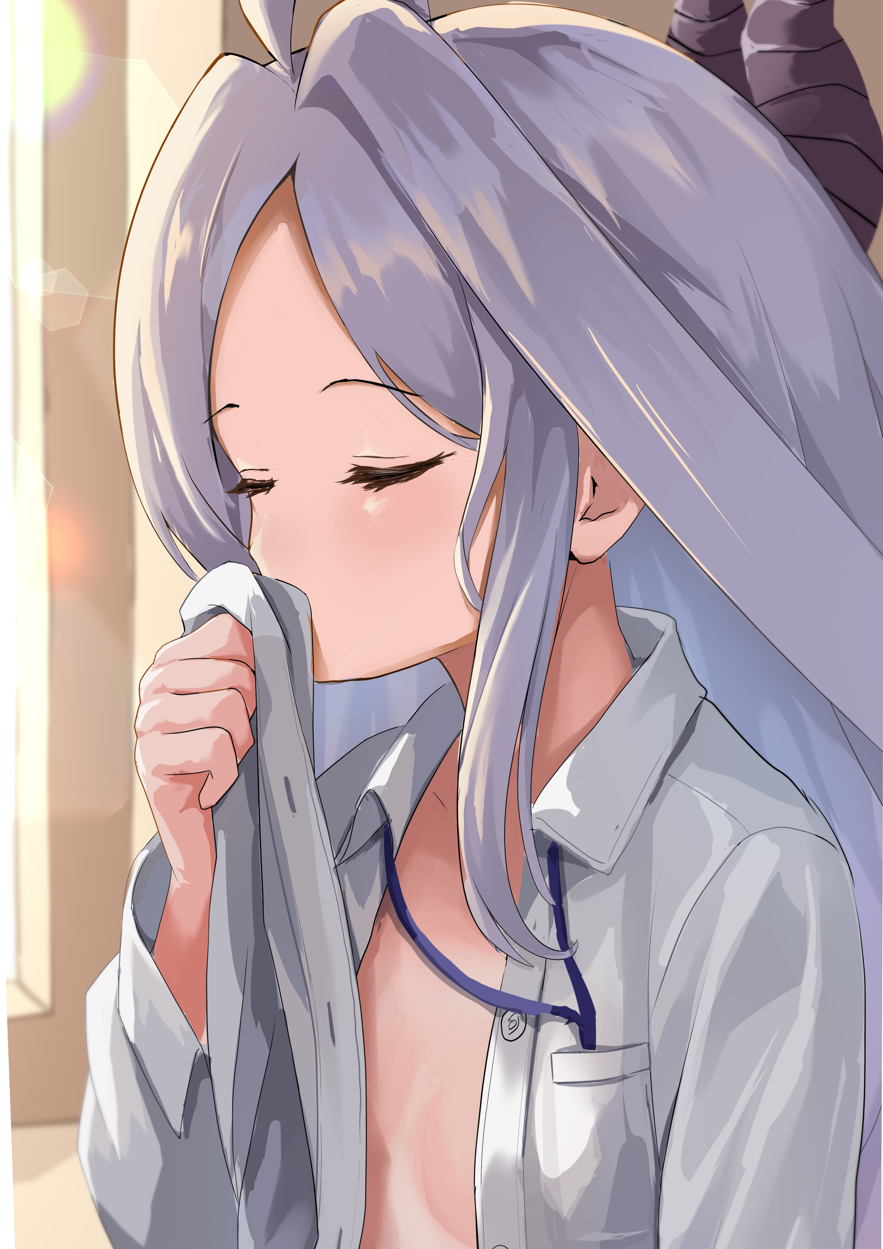 teritama (teritama house), hina (blue archive), blue archive, absurdres, highres, 1girl, ahoge, blush, breasts, closed mouth, demon girl, demon horns, horns, indoors, long hair, shirt, small breasts, solo, upper body, white hair, white shirt