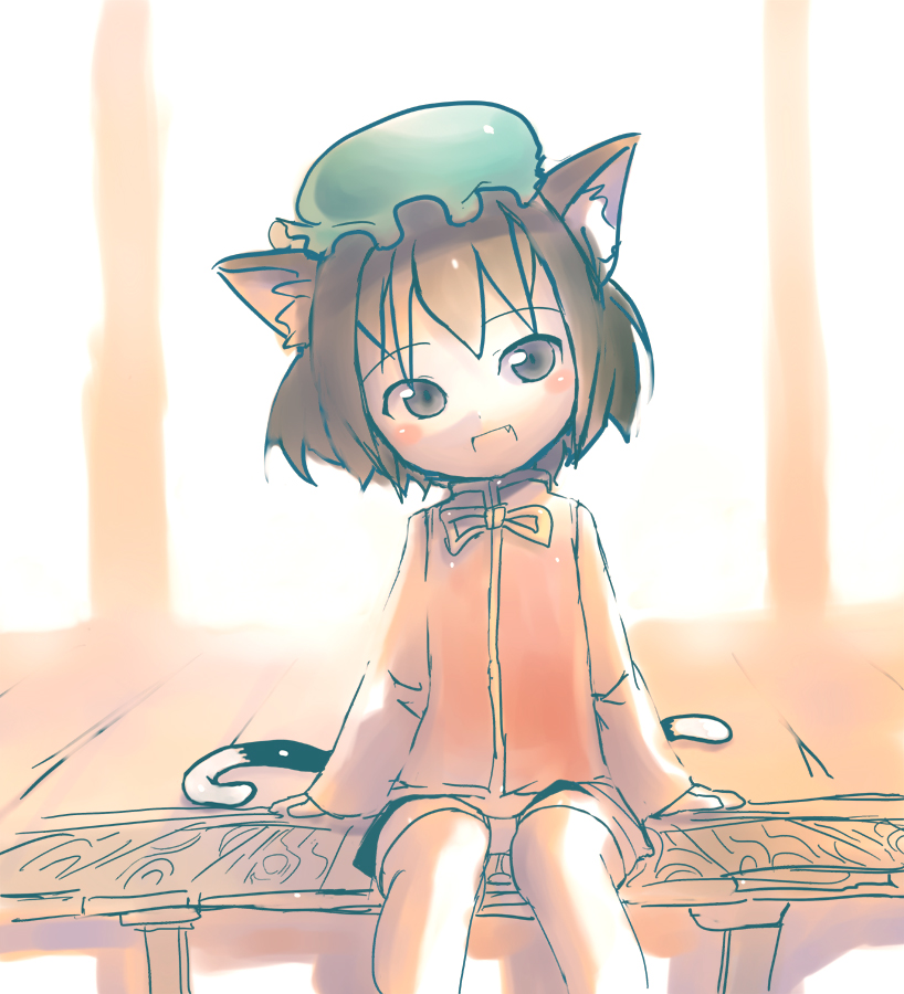 rondo bell, chen, touhou, bad id, bad pixiv id, 1girl, :d, animal ears, blush stickers, brown eyes, brown hair, cat ears, cat girl, cat tail, child, fang, female focus, hat, head tilt, open mouth, porch, short hair, sitting, smile, solo, tail, veranda