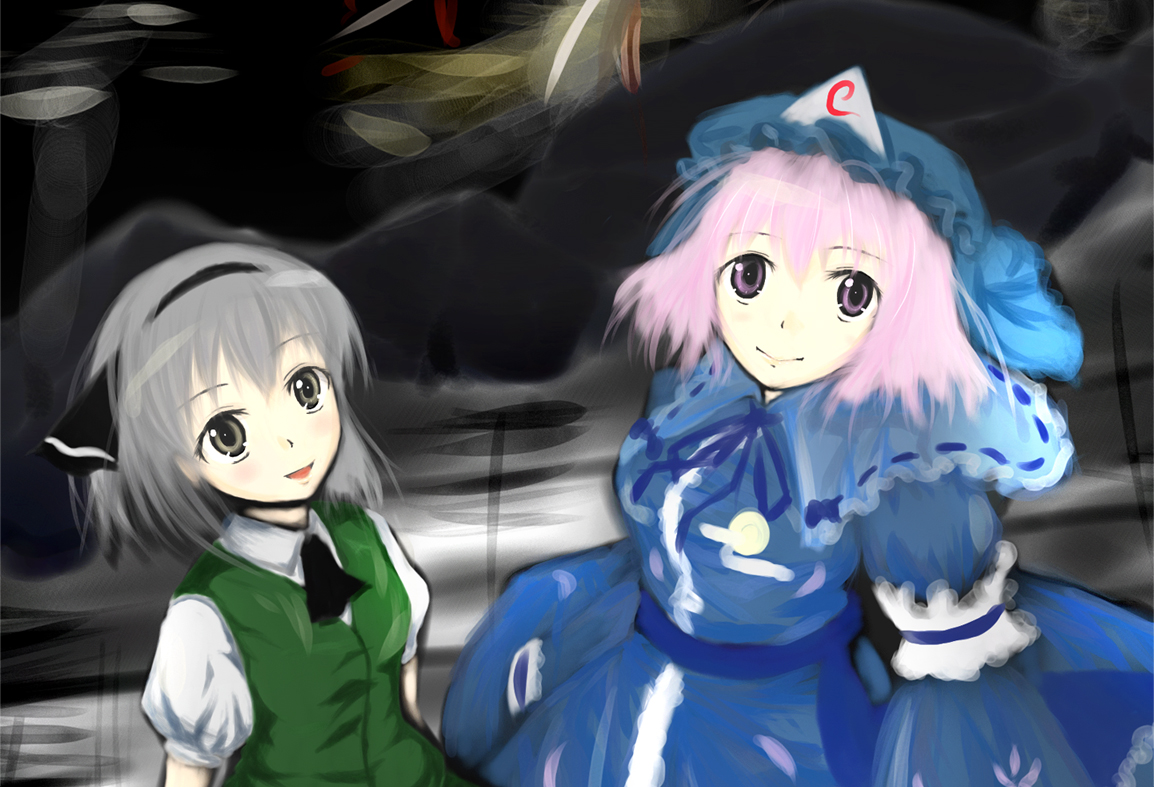 nakaoka, konpaku youmu, saigyouji yuyuko, touhou, silver hair, 2girls, arm garter, ascot, black eyes, blush, female focus, frills, hat, japanese clothes, kimono, long sleeves, looking at viewer, mob cap, multiple girls, pink hair, puffy short sleeves, puffy sleeves, short sleeves, standing, triangular headpiece, vest
