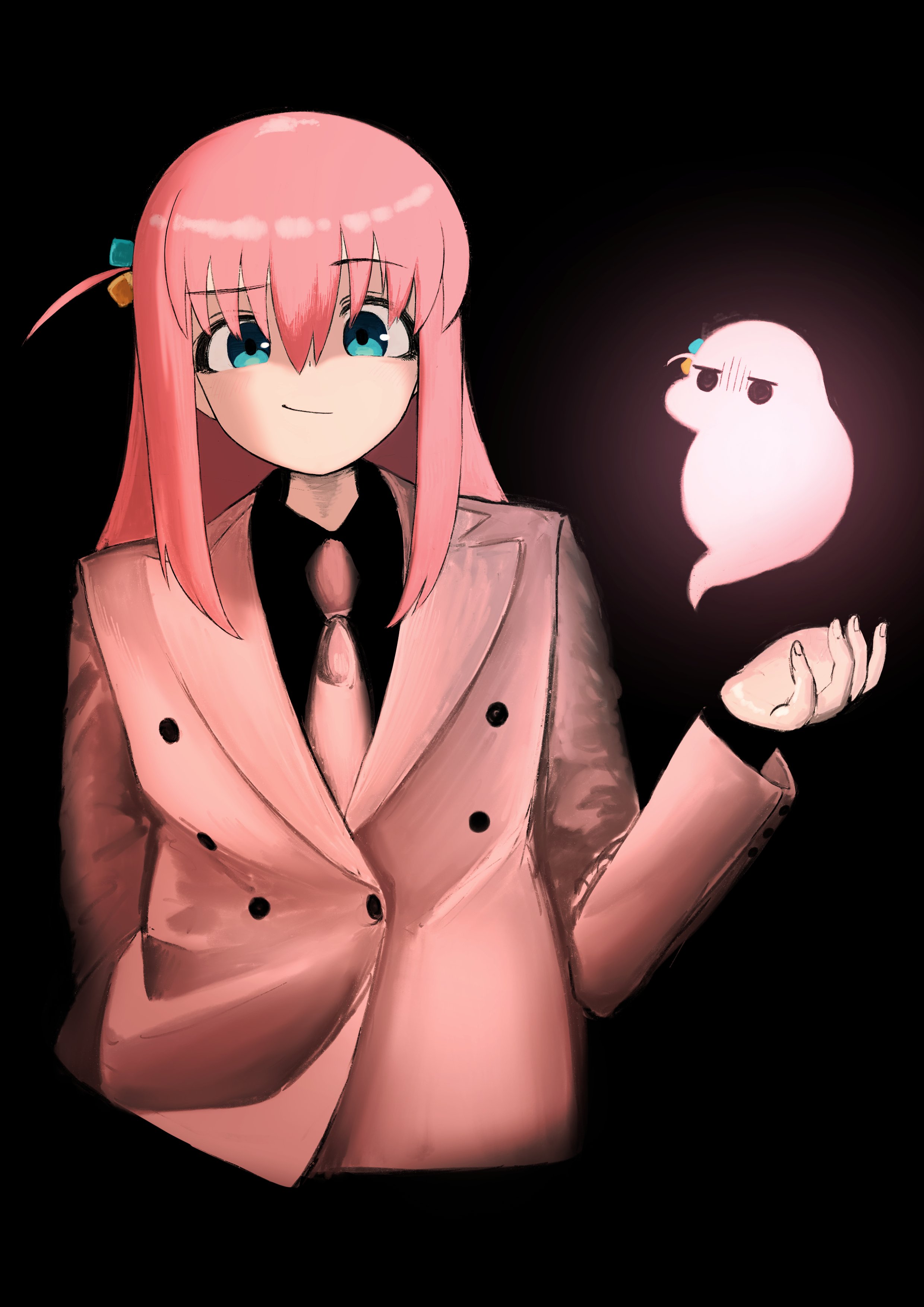 isago ganma, gotoh hitori, bocchi the rock!, absurdres, highres, 1girl, ahoge, black background, blue eyes, buttons, cube hair ornament, formal clothes, glowing, hair ornament, hand up, invisible, long hair, looking at viewer, necktie, pink hair, pink necktie, pink suit, simple background, smirk, solo, suit, upper body