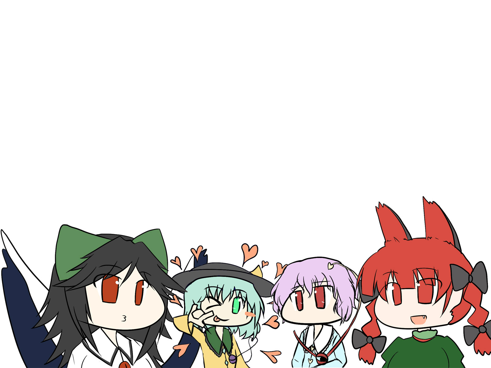 masami t, kaenbyou rin, komeiji koishi, komeiji satori, reiuji utsuho, touhou, highres, 4girls, m/, braid, female focus, flat color, hat, multiple girls, simple background, upper body, white background