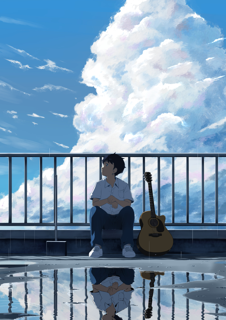kawayoshi, original, commentary request, 1boy, black hair, blue pants, blue sky, breast pocket, cloud, cloudy sky, collared shirt, day, expressionless, full body, grey shirt, grey shoes, guitar, instrument, looking to the side, male focus, outdoors, pants, pocket, puddle, railing, reflection, reflective water, shirt, shoes, short hair, short sleeves, sitting, sky, sky focus, solo, straight-on, very short hair, wing collar