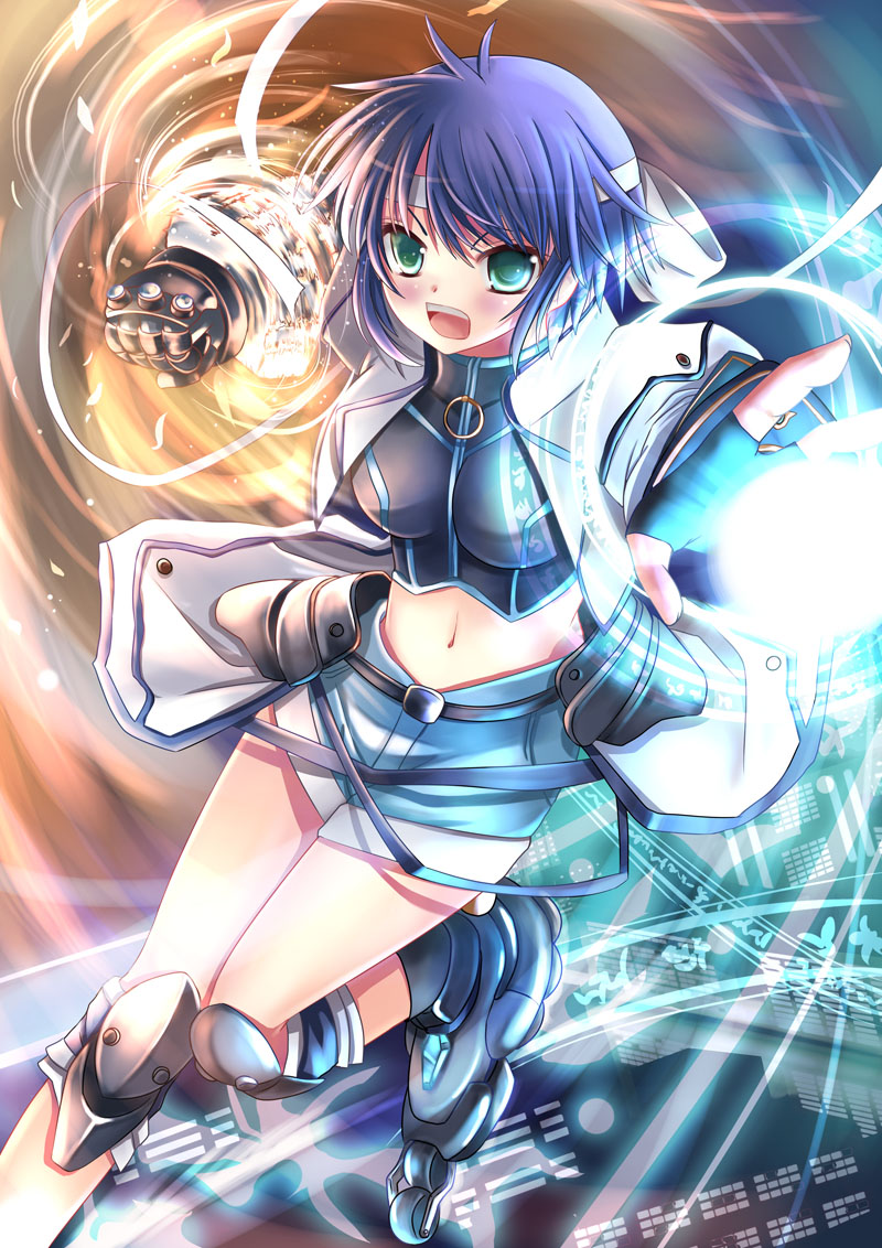 xephonia, mach caliber, revolver knuckle, subaru nakajima, lyrical nanoha, mahou shoujo lyrical nanoha, mahou shoujo lyrical nanoha strikers, 00s, 1girl, blue hair, clenched hand, energy ball, female focus, green eyes, headband, inline skates, knee pads, midriff, navel, roller skates, short hair, skates, solo