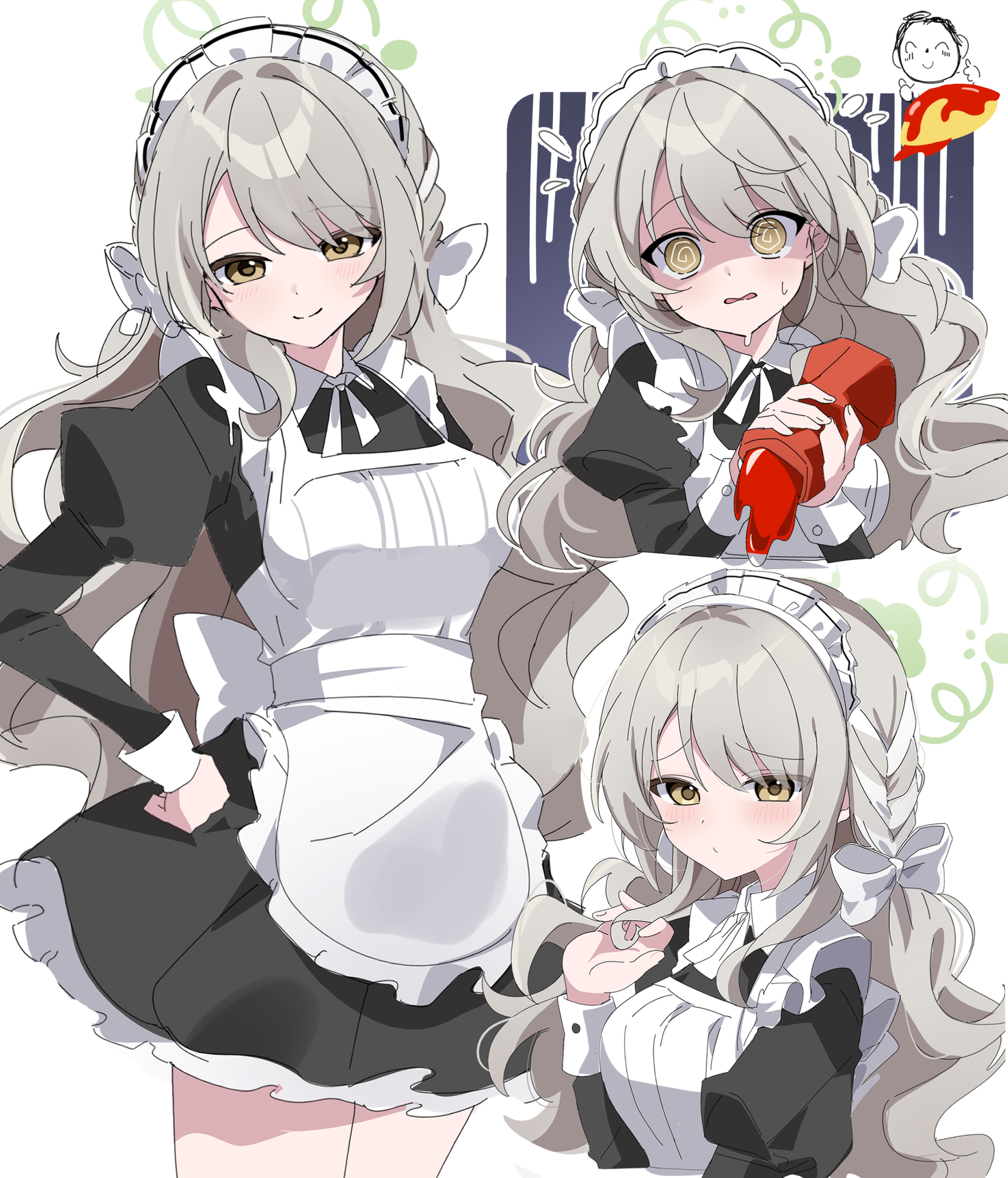 chaum, doodle sensei (blue archive), miyo (blue archive), sensei (blue archive), blue archive, highres, 1girl, @ @, apron, braid, dress, food, frilled dress, frills, green halo, grey hair, hair ribbon, halo, ketchup, ketchup bottle, long hair, maid, maid apron, maid headdress, multiple views, omelet, omurice, ribbon, side braid, sidelocks, thumbs up, yellow eyes
