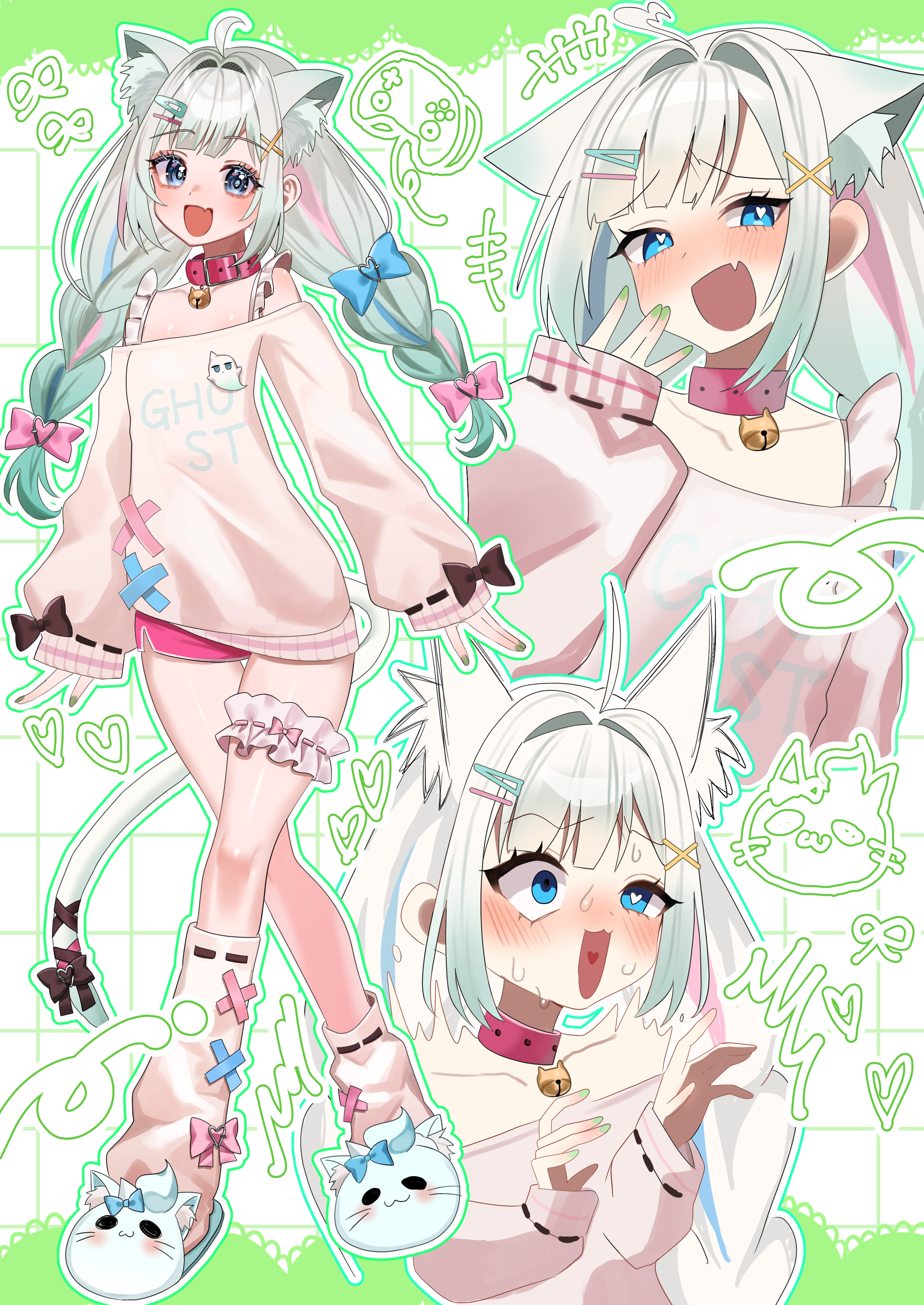ikada nami, mint fantome, mint fantome (otaku), indie virtual youtuber, absurdres, commentary, highres, +++, 1girl, :d, ahoge, animal ear fluff, animal ears, animal slippers, asymmetrical legwear, bell, black bow, black ribbon, blue bow, blue eyes, blue slippers, bow, bow legwear, braid, cat ears, cat girl, cat slippers, cat tail, clothes writing, collar, collarbone, drawn heart, fang, flat chest, frilled thigh strap, gradient hair, green hair, green nails, grid background, hair bow, hair intakes, hair ornament, hairclip, hand up, heart, heart-shaped pupils, heart in mouth, jingle bell, kneehighs, long hair, long sleeves, low twin braids, mesugaki pose, mismatched pupils, multicolored hair, multiple hair bows, multiple views, nail polish, neck bell, off-shoulder sweater, off shoulder, open mouth, parallel hairclips, pink bow, pink shorts, red collar, ribbon, ribbon-trimmed sleeves, ribbon-trimmed socks, ribbon trim, short shorts, shorts, skin fang, sleeve bow, sleeves past wrists, slippers, smile, socks, sweat, sweater, symbol-shaped pupils, tail, tail bow, tail ornament, tail ribbon, thigh strap, twin braids, twintails, two-tone hair, uneven legwear, virtual youtuber, white hair, white socks, white sweater, x hair ornament