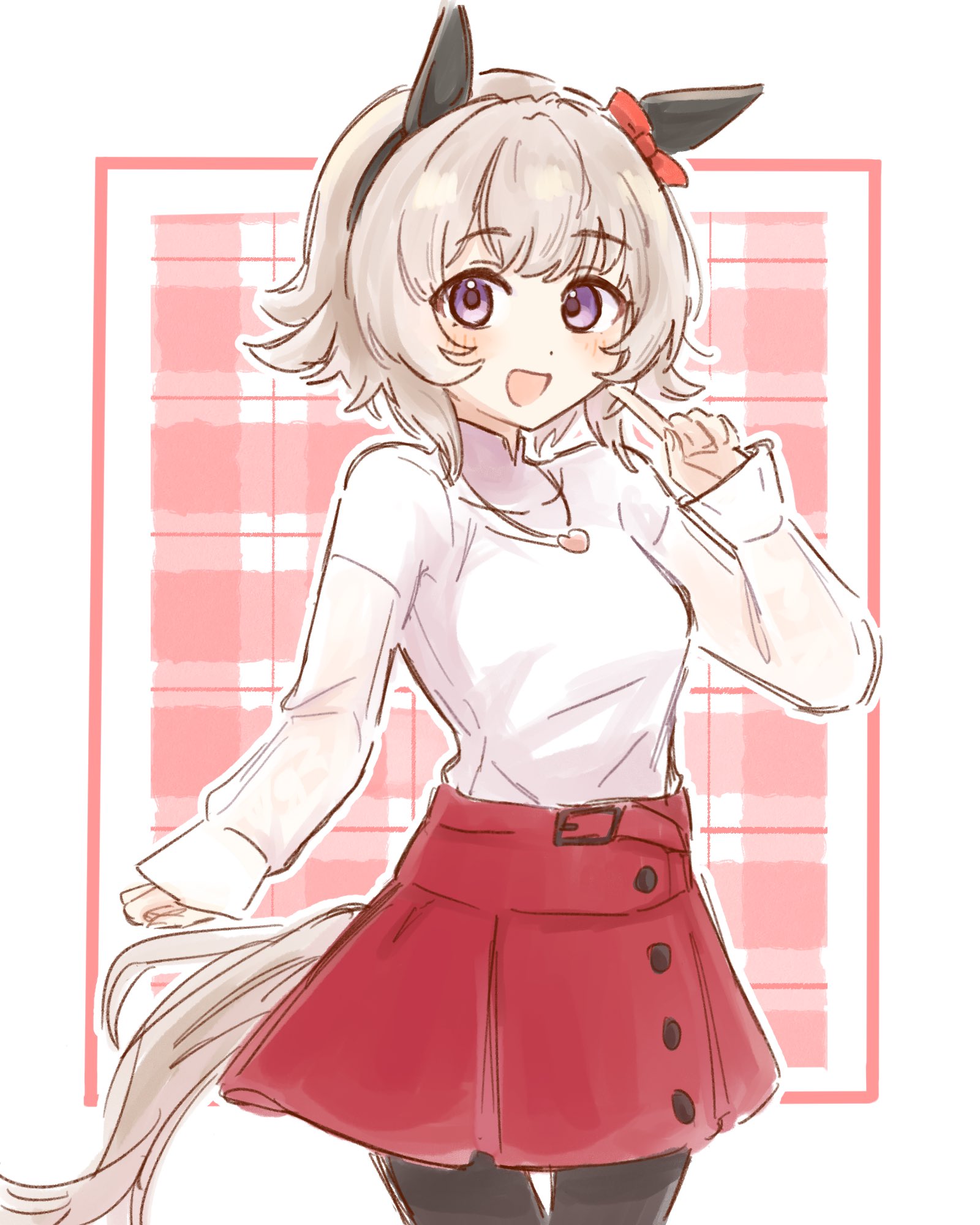curren chan (casual) (umamusume), curren chan (umamusume), umamusume, highres, 1girl, amaebichaaaaan, animal ears, blush, bow, breasts, ear bow, ear covers, grey hair, hair between eyes, heart, heart necklace, horse ears, horse girl, horse tail, jewelry, long sleeves, looking at viewer, necklace, open mouth, pantyhose, purple eyes, red bow, red skirt, shirt, short hair, skirt, smile, solo, sweater, tail, white sweater