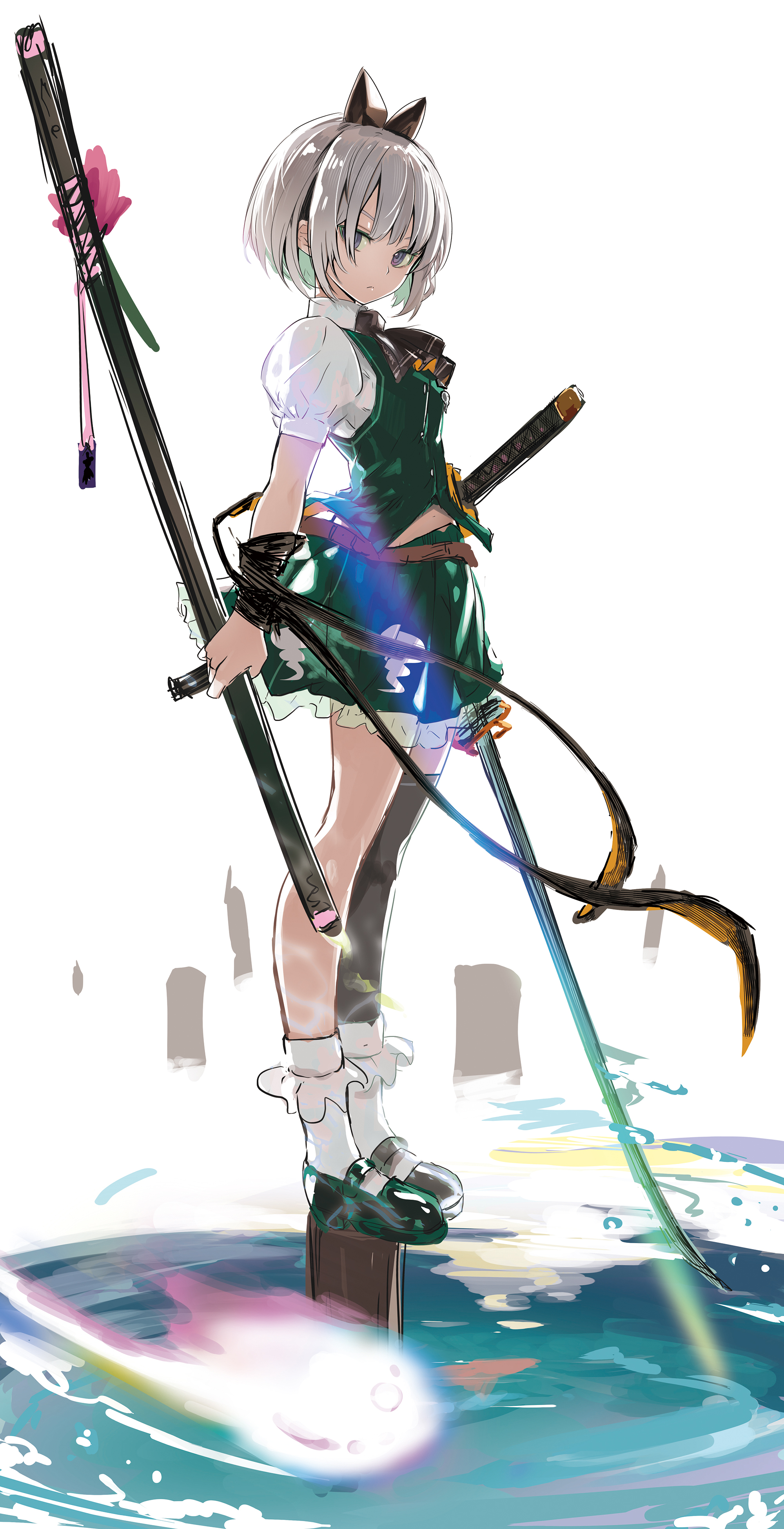 l.f., konpaku youmu, konpaku youmu (ghost), touhou, absurdres, commentary request, highres, 1girl, ascot, black ascot, black hairband, black shoes, full body, green skirt, green vest, grey hair, hairband, hitodama, holding, holding sheath, holding sword, holding weapon, katana, looking at viewer, mary janes, puffy short sleeves, puffy sleeves, sheath, shoes, short hair, short sleeves, sketch, skirt, skirt set, socks, solo, sword, unsheathed, vest, water, weapon, white socks