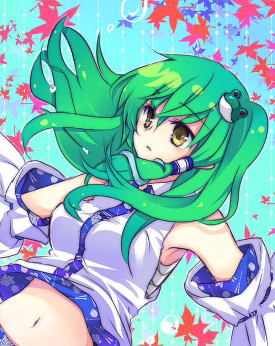 yatosaki haru, kochiya sanae, touhou, bad id, bad pixiv id, jpeg artifacts, 1girl, detached sleeves, female focus, green hair, leaf, long hair, maple leaf, midriff, navel, solo, yellow eyes