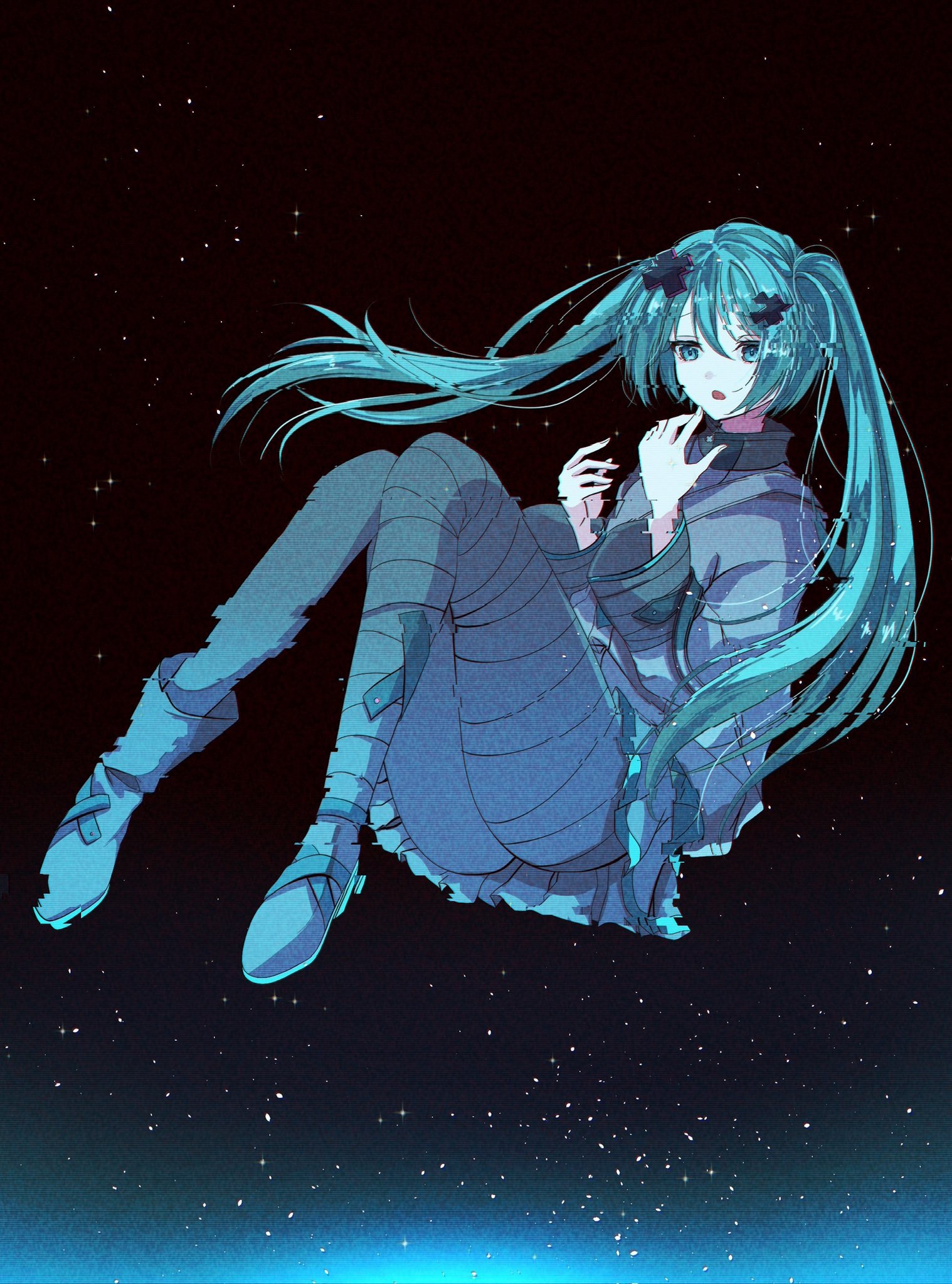 rimu 1112, batsu miku, hatsune miku, kowareta sekai to utaenai miku, project sekai, vocaloid, highres, 1girl, aqua eyes, aqua hair, bandaid, bandaid on leg, black boots, black skirt, boots, glitch, grey jacket, hair between eyes, hair ornament, jacket, long hair, long sleeves, open mouth, pleated skirt, skirt, turtleneck, turtleneck jacket, wide sleeves, x hair ornament