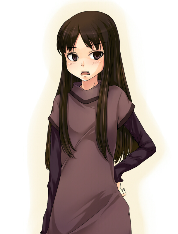 mune, misaki minato, blood alone, blush, brown eyes, brown hair, child, fang, long hair, solo, vampire