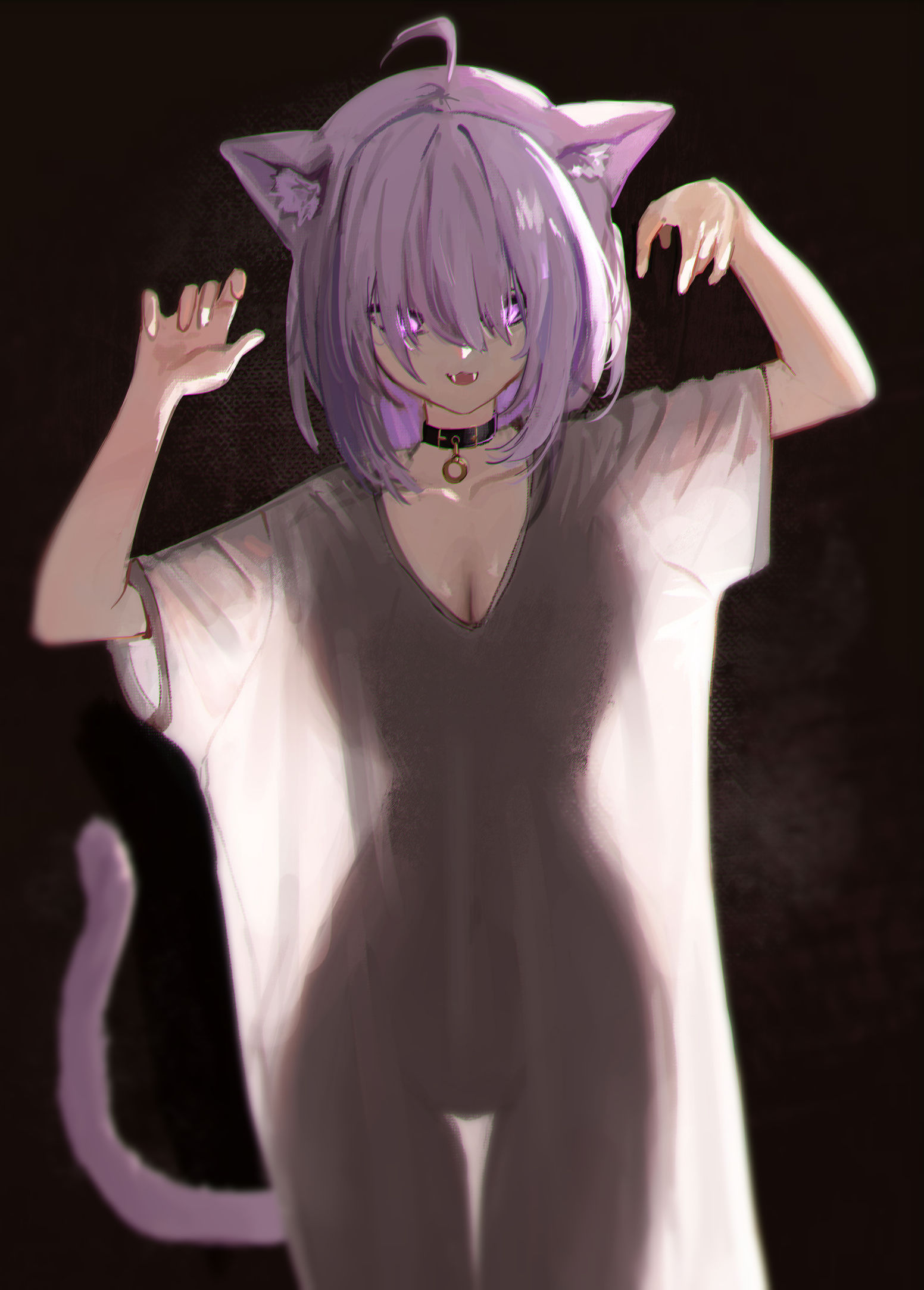 pitespear, nekomata okayu, hololive, commentary, highres, 1girl, :3, :d, ahoge, animal ear fluff, animal ears, bare arms, black collar, breasts, cat ears, cat girl, cat tail, cleavage, collar, collarbone, cowboy shot, fangs, hair between eyes, hair over eyes, hands up, large breasts, looking at viewer, medium hair, open mouth, oversized clothes, oversized shirt, pink eyes, pink hair, see-through silhouette, shirt, short sleeves, smile, solo, t-shirt, tail, thigh gap, virtual youtuber, white shirt