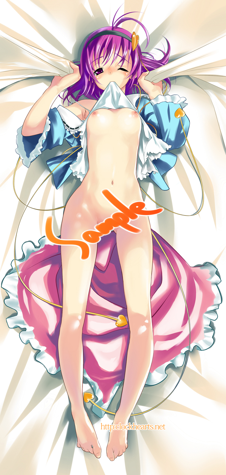 mahan (clock hearts), komeiji satori, touhou, highres, long image, tall image, 1girl, barefoot, bed sheet, blush, breasts, censored, clothes lift, dakimakura (medium), dress, feet, female focus, full body, legs, mouth hold, navel, nipples, purple eyes, purple hair, sample watermark, sheet grab, shirt lift, short hair, solo, watermark, wince