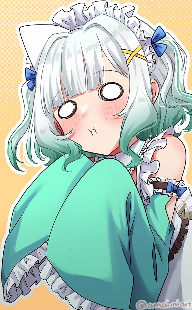 amaimi, mint fantome, mint fantome (minto 2.0), indie virtual youtuber, commentary request, 0 0, 1girl, bare shoulders, blank eyes, blunt bangs, blush, bow, detached collar, detached sleeves, dress, frilled sleeves, frills, gradient hair, green dress, green hair, hair bow, hair intakes, hair ornament, long sleeves, looking at viewer, maid, maid headdress, medium hair, multicolored hair, pout, sidelocks, sleeve garter, sleeves past fingers, sleeves past wrists, solo, triangular headpiece, twitter username, two-tone hair, two side up, upper body, virtual youtuber, white hair, wide sleeves, x hair ornament, yellow background