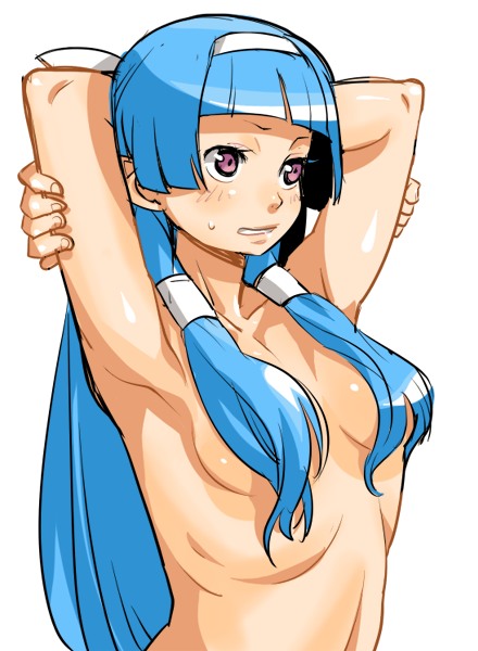 poporon, nagi, kannagi, 00s, 1girl, armpits, arms behind head, blue hair, blunt bangs, blush, female focus, hair tubes, hairband, long hair, nude, solo, upper body
