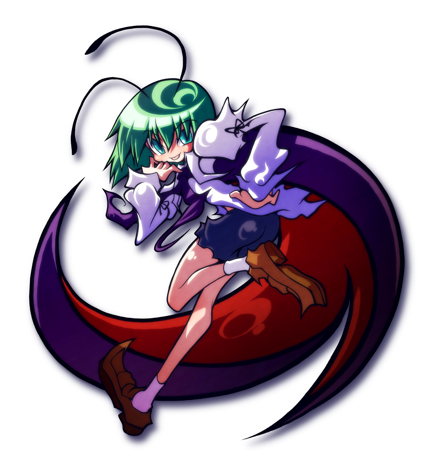 ichi (ichikai), wriggle nightbug, touhou, highres, 1girl, antennae, blue eyes, cape, female focus, from behind, green hair, hand on own hip, looking back, short hair, solo, tareme