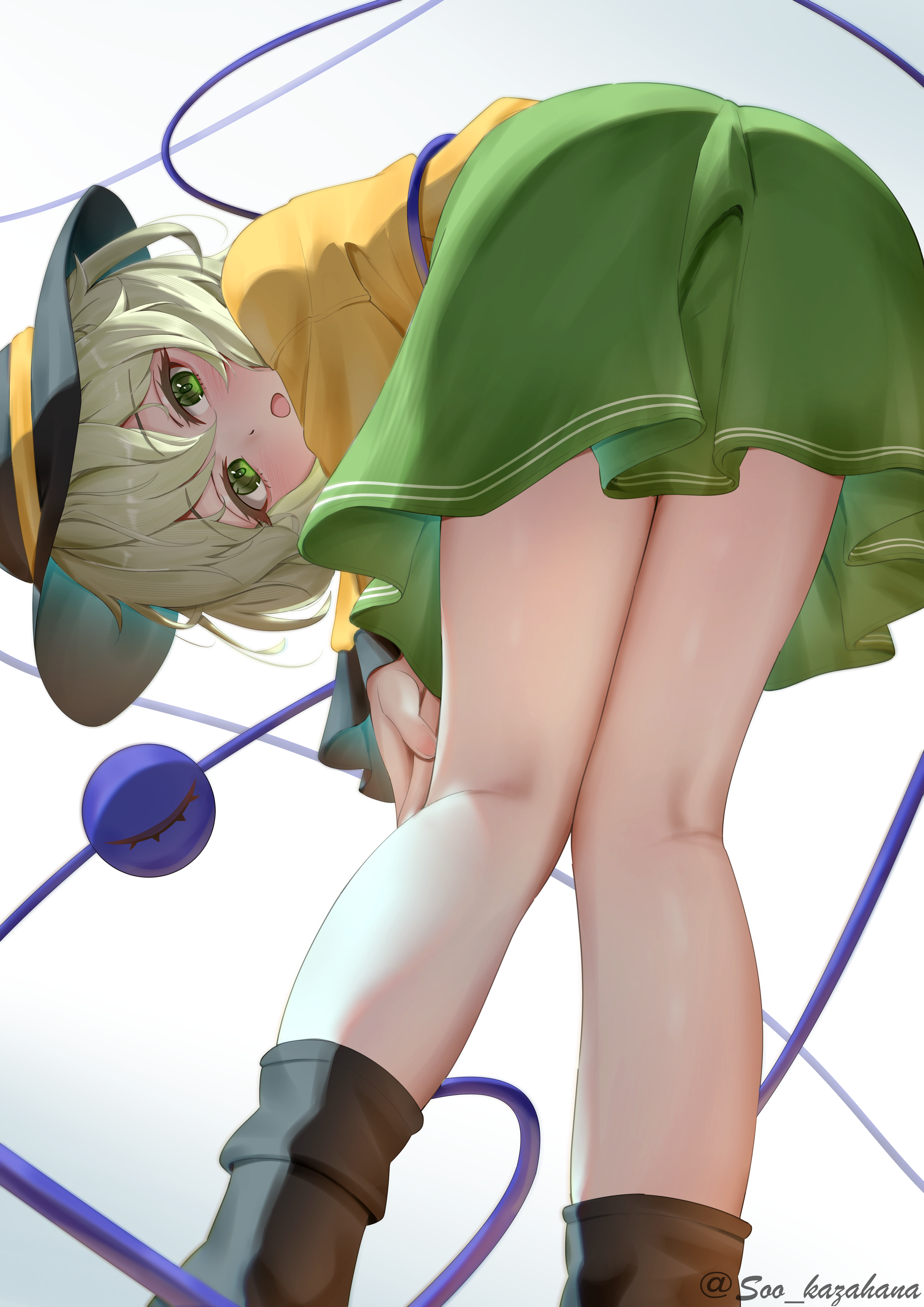 soo kazahana, komeiji koishi, touhou, absurdres, commentary, highres, 1girl, ass, black hat, blush, eyeball, frilled sleeves, frills, green eyes, green hair, green skirt, hat, leaning forward, long sleeves, looking at viewer, looking back, miniskirt, open mouth, pink nails, shirt, skirt, solo, third eye, twitter username, yellow shirt