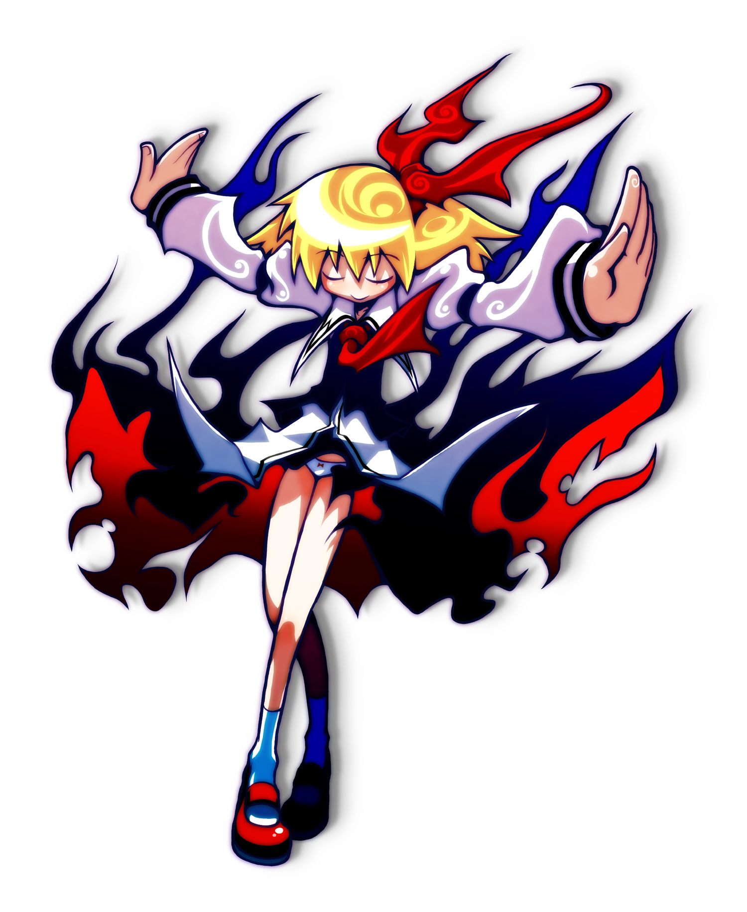 ichi (ichikai), rumia, embodiment of scarlet devil, touhou, highres, 1girl, blonde hair, closed eyes, female focus, full body, gradient background, hair ribbon, outstretched arms, panties, ribbon, solo, spread arms, underwear, white panties
