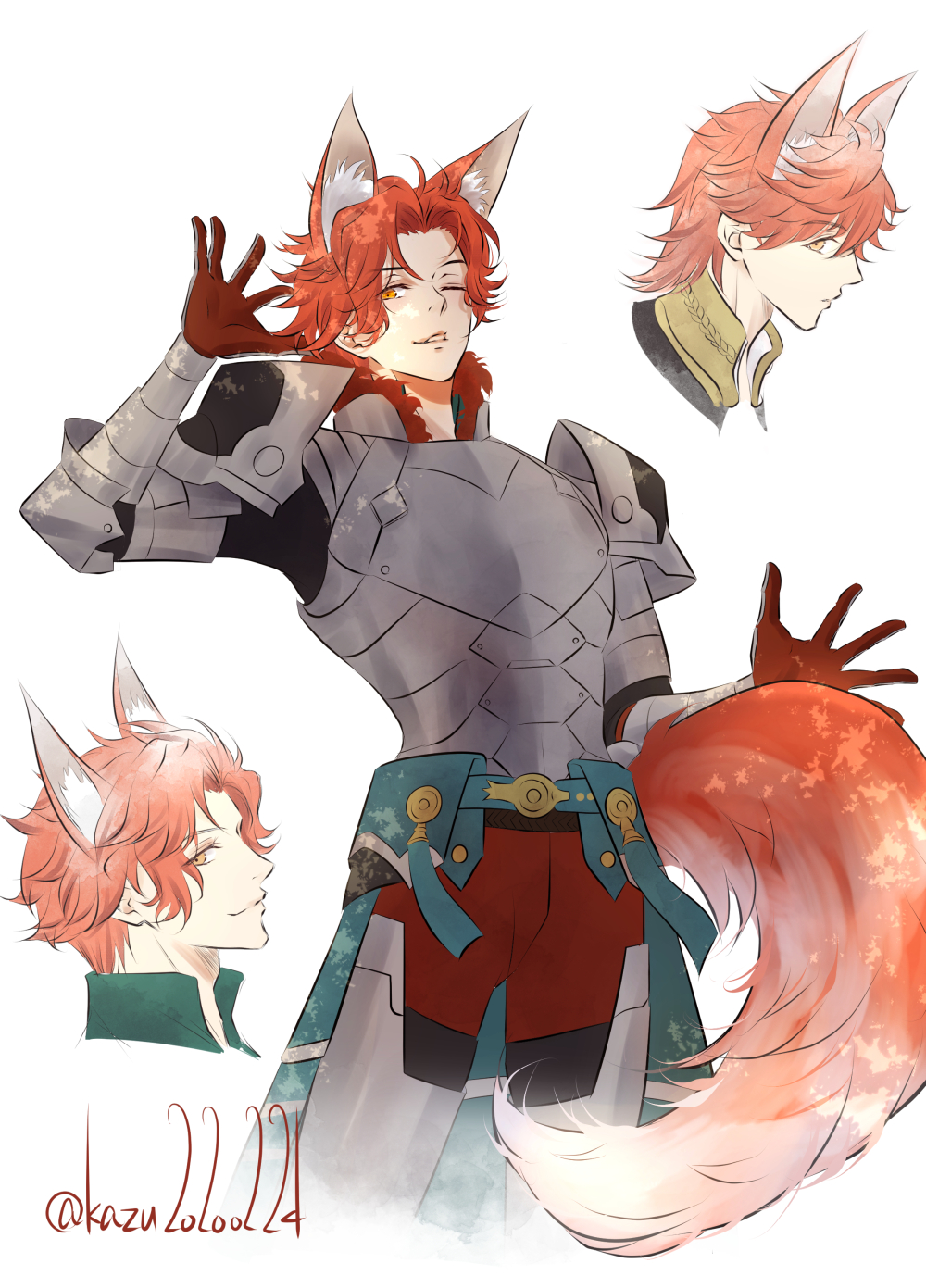 kazu20200224, sylvain jose gautier, sylvain jose gautier (timeskip), fire emblem, fire emblem: three houses, nintendo, highres, 1boy, animal ears, cape, fox boy, fox ears, fox tail, fur-trimmed cape, fur trim, garreg mach monastery uniform, grey armor, male focus, red fur, tail