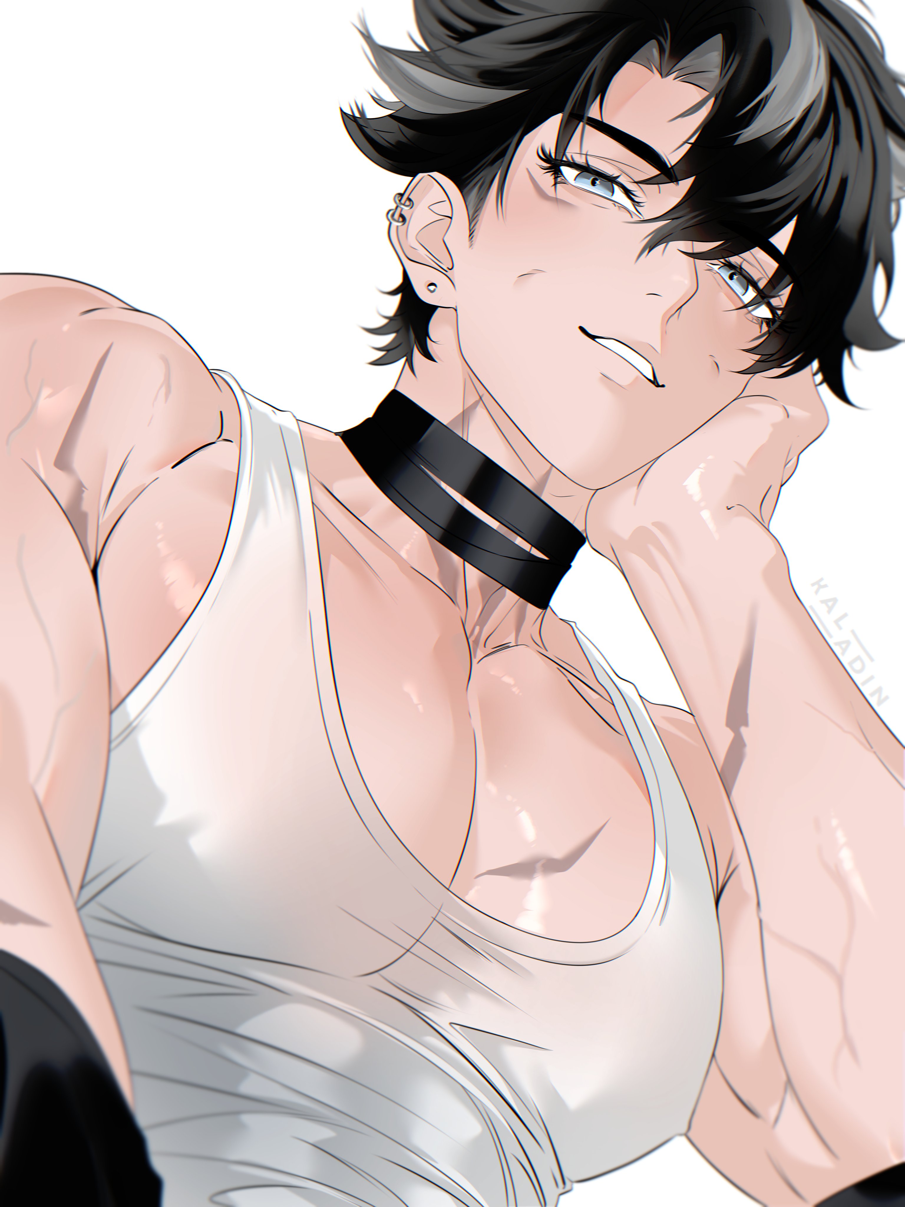 wriothesley (genshin impact), genshin impact, absurdres, highres, 1boy, bandaged neck, bandages, black bandages, black hair, blue eyes, collarbone, covered erect nipples, ear piercing, earrings, eyelashes, from below, hair between eyes, jewelry, klippaur, large pectorals, looking at viewer, male focus, multicolored hair, pectoral cleavage, pectorals, piercing, scar, scar on arm, scar on chest, scar on neck, short hair, sidepec, simple background, solo, streaked hair, tank top, teeth, veins, veiny arms, white background, white tank top