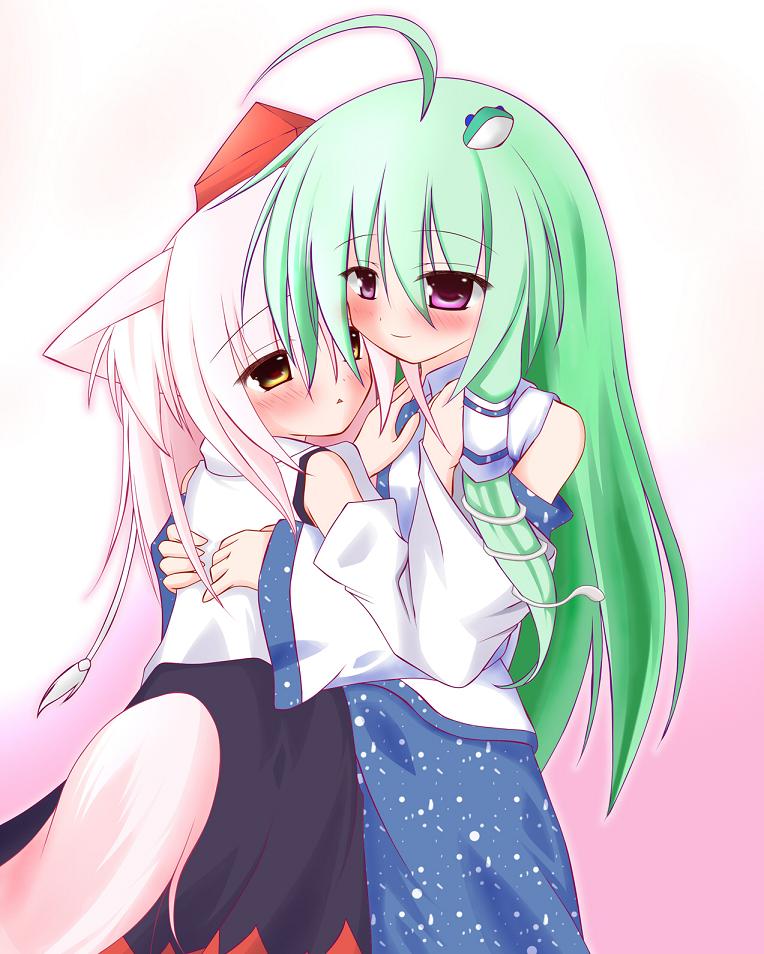kyuubi (artist), inubashiri momiji, kochiya sanae, touhou, silver hair, 2girls, ahoge, animal ears, blush, detached sleeves, female focus, green hair, hat, hug, multiple girls, purple eyes, tail, tokin hat, wolf ears, wolf tail, yellow eyes