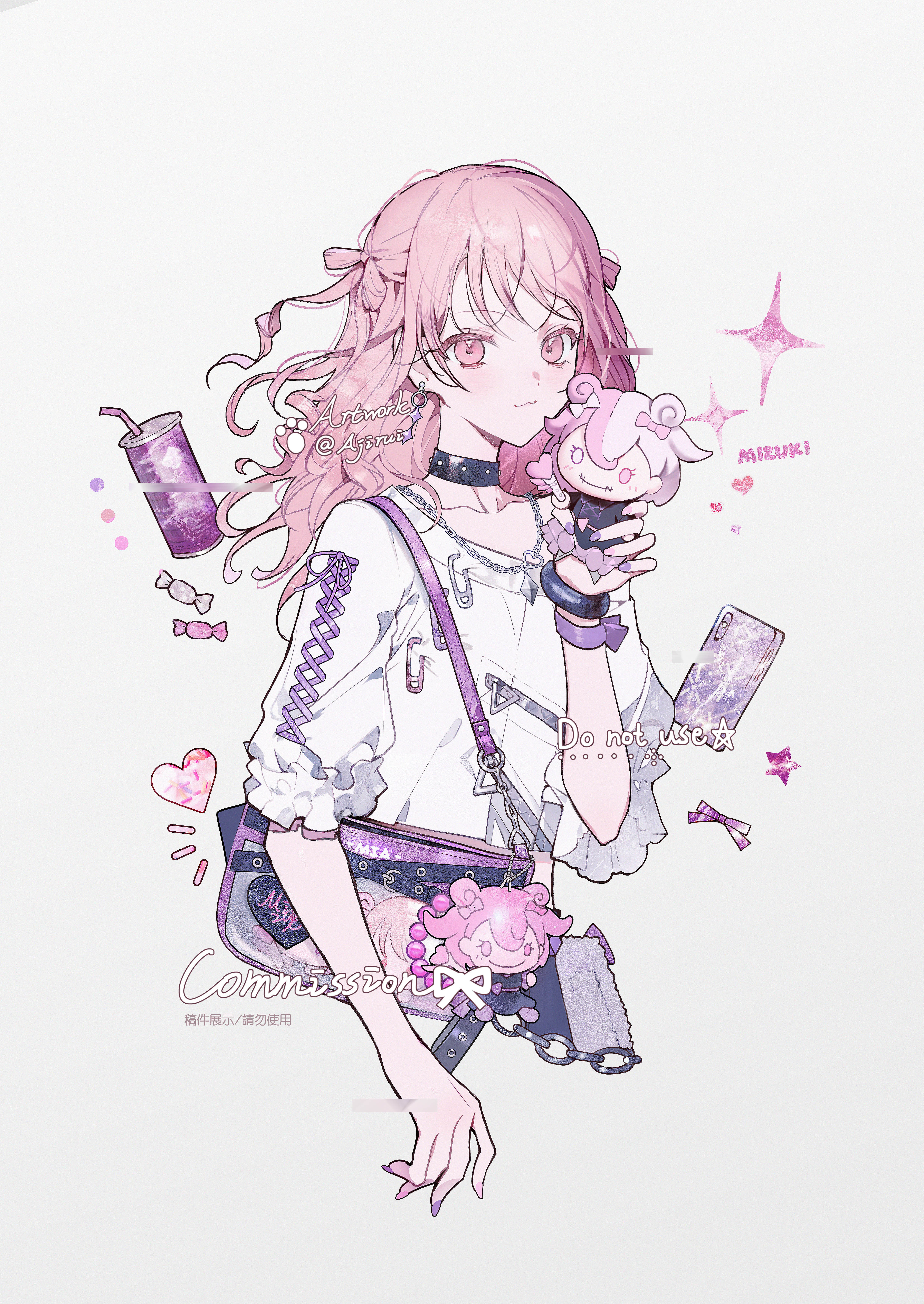 ajirui, akiyama mizuki, project sekai, absurdres, commentary request, commission, highres, 1other, bag, can, candy, cellphone, closed mouth, collarbone, cropped torso, doll, drinking straw, earrings, food, heart, holding, holding doll, jewelry, light blush, long hair, looking at viewer, other focus, phone, pink eyes, pink hair, shirt, shoulder bag, simple background, solo, star (symbol), weibo username, white background, white shirt, wrapped candy