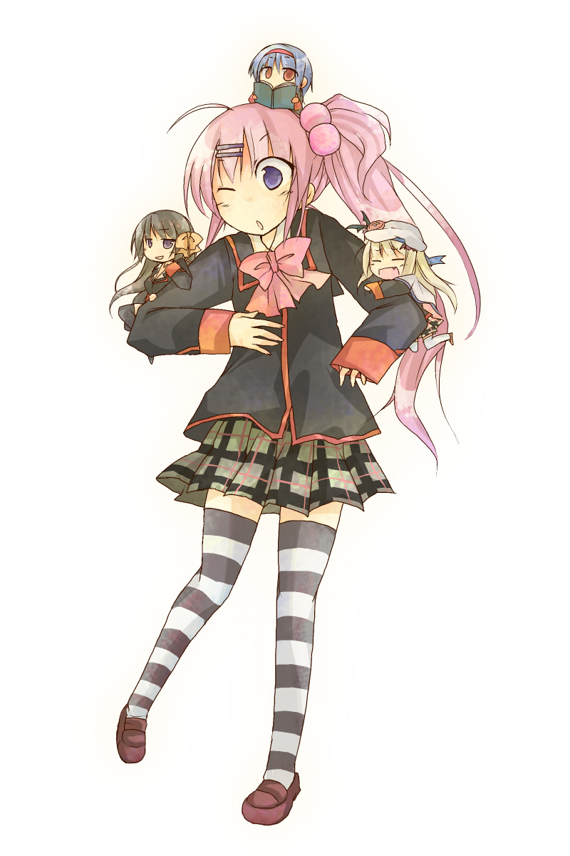furui suguri, kurugaya yuiko, nishizono mio, noumi kudryavka, saigusa haruka, little busters!, bad id, bad pixiv id, highres, 4girls, ;o, black skirt, blush, bow, bowtie, layered skirt, long sleeves, multiple girls, one eye closed, parted lips, pink bow, pink bowtie, simple background, skirt, standing, thighhighs, white background, zettai ryouiki
