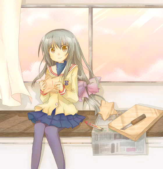 furui suguri, ibuki fuuko, clannad, bad id, bad pixiv id, 00s, 1girl, black hair, blue skirt, blush, brown eyes, curtains, female focus, indoors, knife, long hair, long sleeves, looking at viewer, looking back, orange sky, pantyhose, pleated skirt, sitting, skirt, sky, solo, tray, very long hair