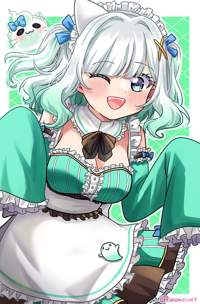 amaimi, mint fantome, mint fantome (minto 2.0), indie virtual youtuber, commentary request, 1girl, ;d, apron, black bow, black bowtie, blue eyes, blush, border, bow, bowtie, breasts, cleavage, cowboy shot, detached collar, detached sleeves, dress, fangs, frilled apron, frilled sleeves, frills, gradient hair, green background, green dress, green hair, hair ornament, large breasts, looking at viewer, maid headdress, medium hair, multicolored hair, one eye closed, open mouth, outside border, sleeve garter, smile, solo, striped clothes, striped dress, teeth, triangular headpiece, twitter username, two-tone hair, upper teeth only, vertical-striped clothes, vertical-striped dress, very long sleeves, virtual youtuber, waist apron, white apron, white border, white hair, x hair ornament