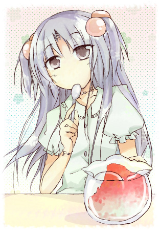 furui suguri, ichinose kotomi, clannad, bad id, bad pixiv id, lowres, 00s, 1girl, female focus, food, hair bobbles, hair ornament, shaved ice, solo, spoon, two side up