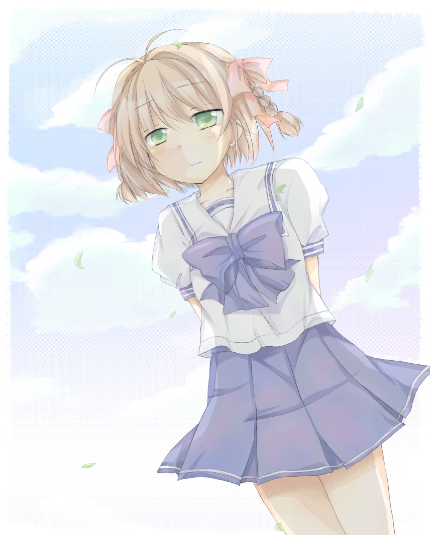 furui suguri, suzumiya haruka, kimi ga nozomu eien, bad id, bad pixiv id, 00s, 1girl, blonde hair, blue bow, blue bowtie, blue skirt, bow, bowtie, female focus, green eyes, long sleeves, looking at viewer, short hair, skirt, solo, standing