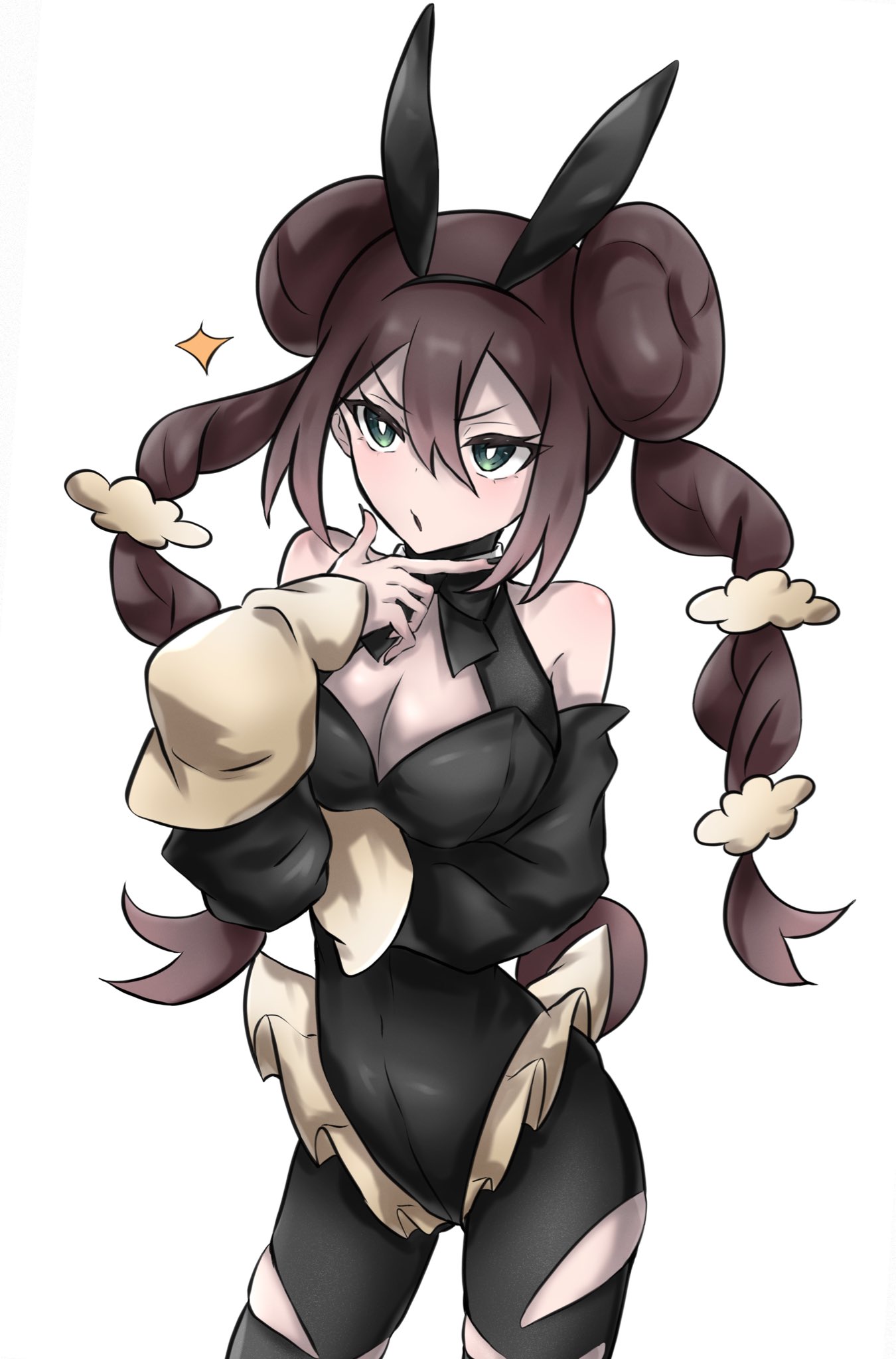 sino (pcxg4558), lopunny, mega lopunny, rosa (pokemon), nintendo, pokemon, pokemon bw2, black bodystocking, highres, 1girl, animal ears, bare shoulders, black leotard, blue eyes, breasts, brown hair, cleavage, cosplay, detached sleeves, donut hair bun, double bun, drill hair, fake animal ears, gen 4 pokemon, hair bun, hand on own chin, leotard, long hair, long sleeves, mega lopunny (cosplay), mega pokemon, open mouth, rabbit ears, solo, torn clothes, twin drills, twintails