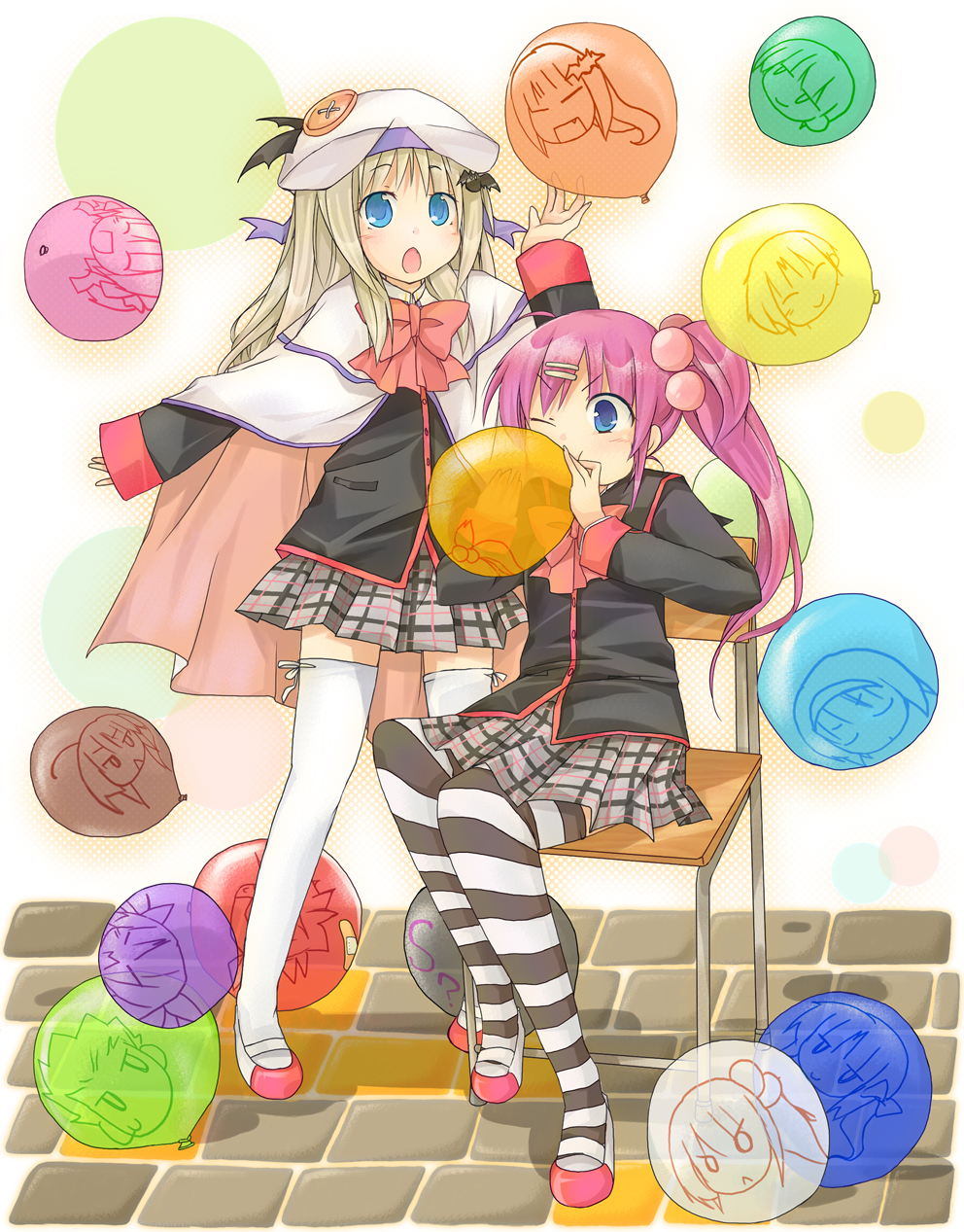 furui suguri, natsume rin, noumi kudryavka, little busters!, bad id, bad pixiv id, highres, 2girls, balloon, bow, multiple girls, pink bow, thighhighs