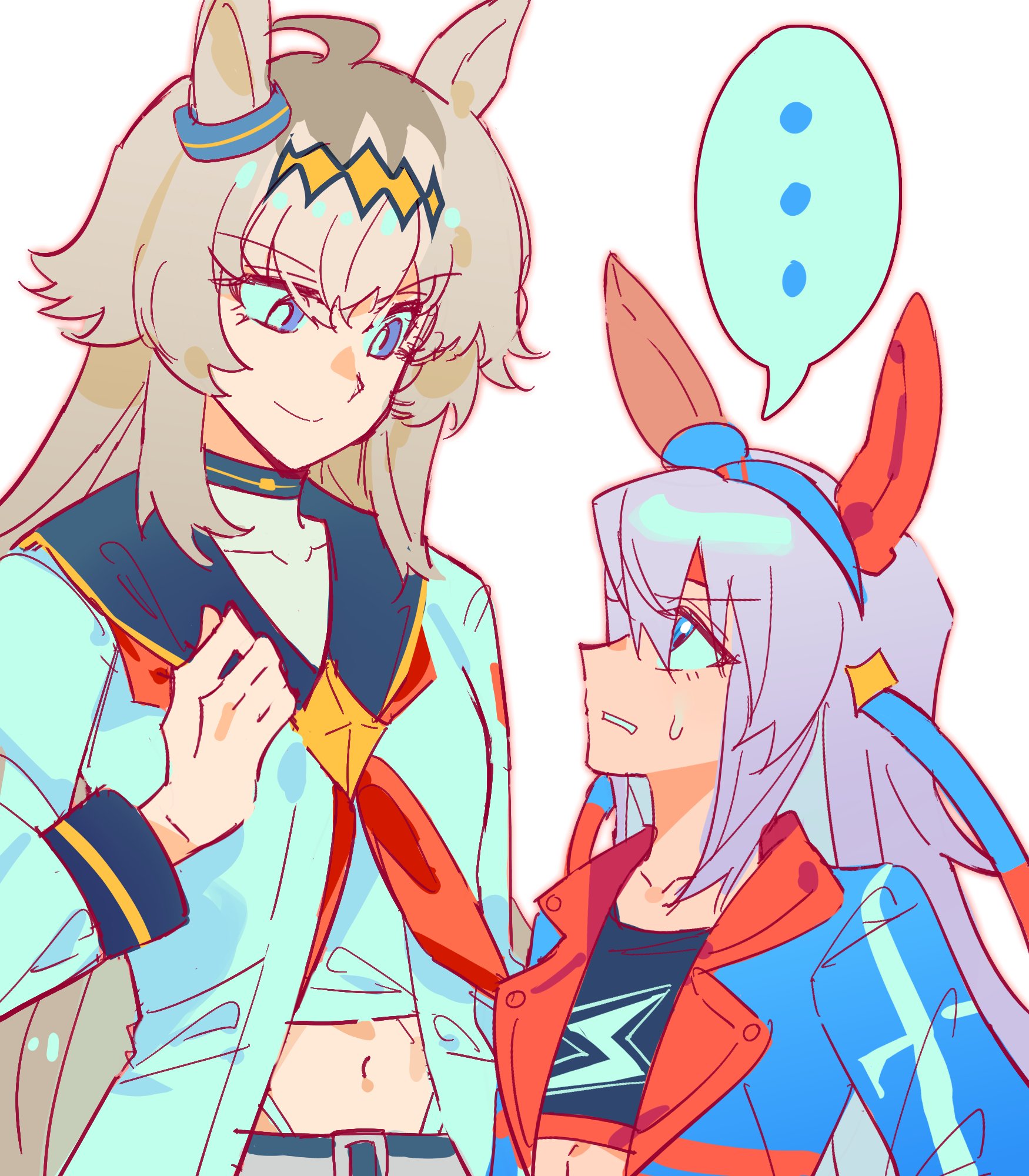 emlynmoon, oguri cap (starlight beat) (umamusume), oguri cap (umamusume), tamamo cross (umamusume), tamamo cross (with lightning speed) (umamusume), umamusume, umamusume: cinderella gray, highres, …, 2girls, ahoge, animal ears, blue eyes, blue hairband, blue jacket, blue sports bra, brooch, closed mouth, crop top, ear covers, ear ornament, grey hair, hair between eyes, hair ornament, hairband, headband, height difference, horse ears, horse girl, jacket, jewelry, lightning bolt print, long hair, long sleeves, looking at another, midriff, multicolored hair, multiple girls, navel, neckerchief, parted lips, red headband, red neckerchief, sailor collar, shirt, simple background, smile, speech bubble, sports bra, star brooch, striped clothes, striped hairband, sweatdrop, upper body, very long hair, white jacket, white shirt