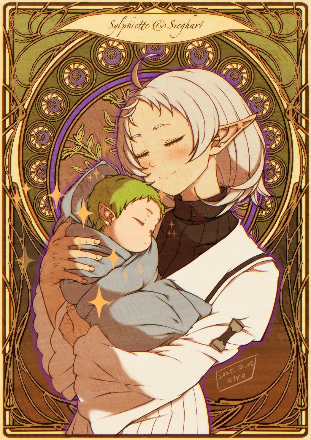 kiyo (a sam ko), sieghart saladin greyrat, sylphiette (mushoku tensei), mushoku tensei, highres, 1boy, 1girl, ahoge, baby, blush, character name, closed eyes, elf, green hair, mother and son, pointy ears, sleeping, smile, white hair